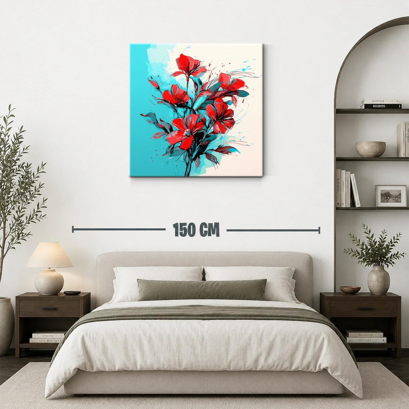 Ramo vibrante de flores rojas sobre fondo azul y beige — miniatura 3