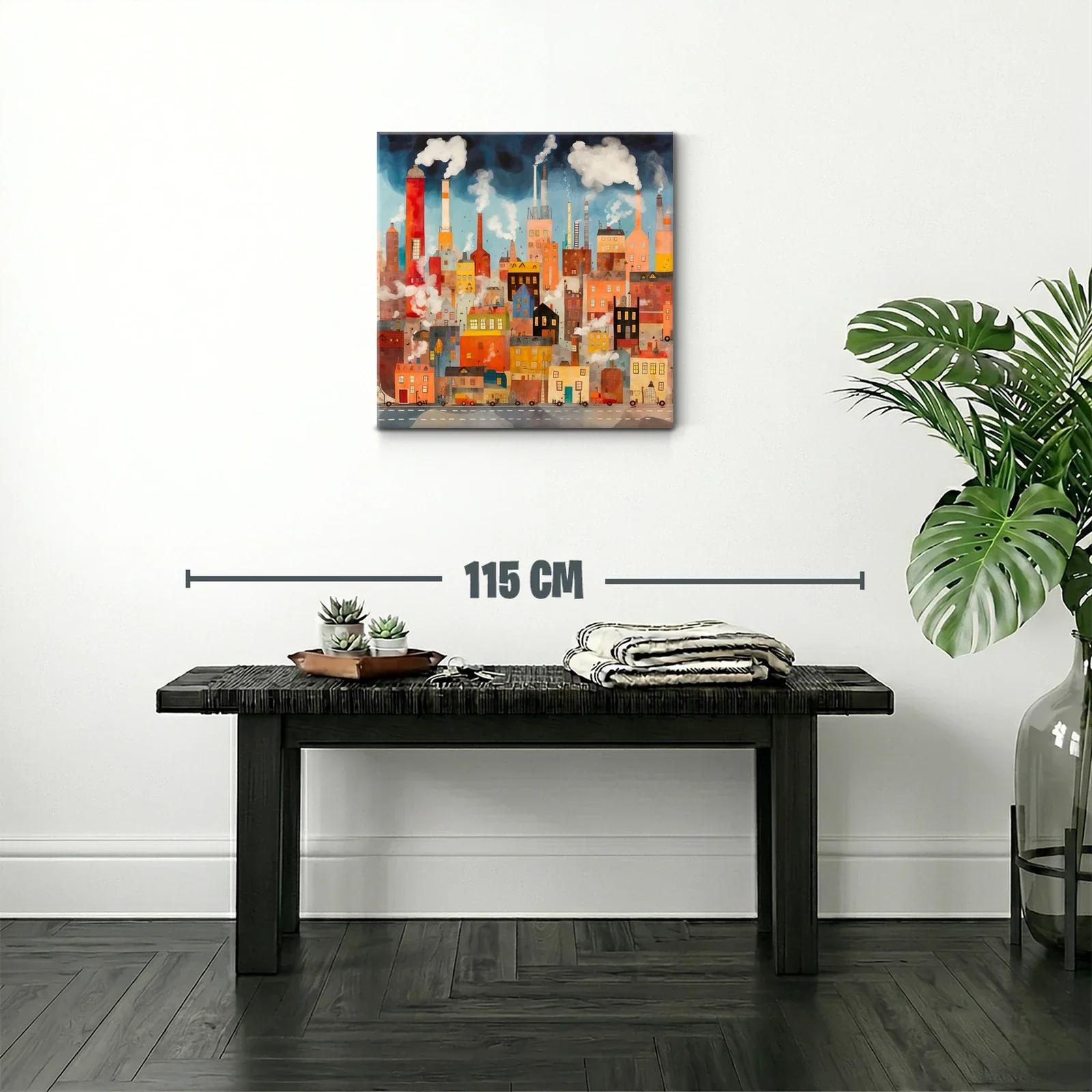Ciudad industrial con chimeneas y humo en tonos cálidos — miniatura 2