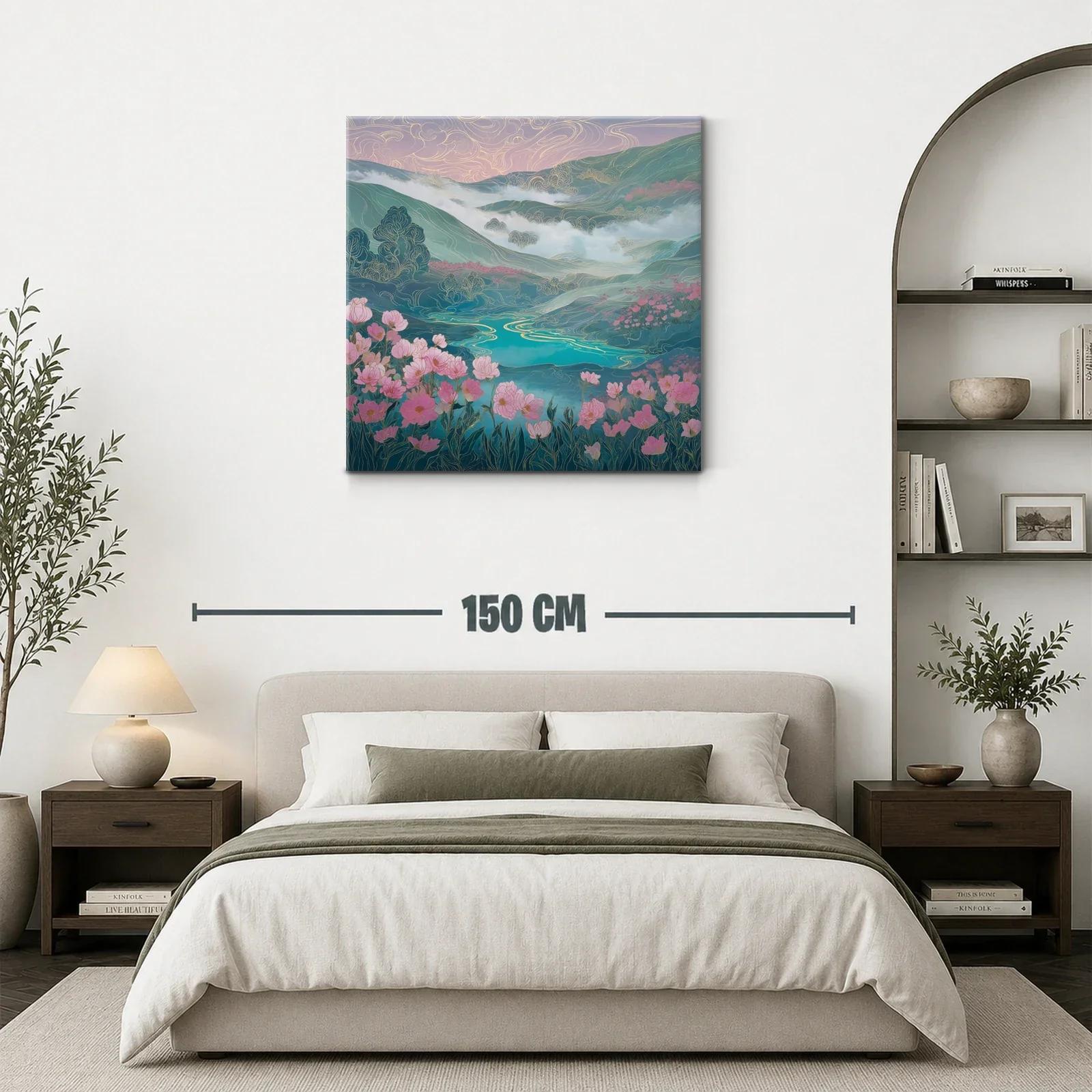 Paisaje floral con lago y montañas en tonos suaves — miniatura 3