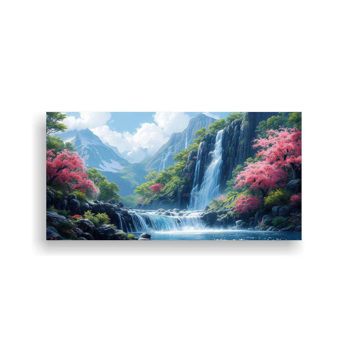 Cuadro cascada en valle de montaña con árboles floridos