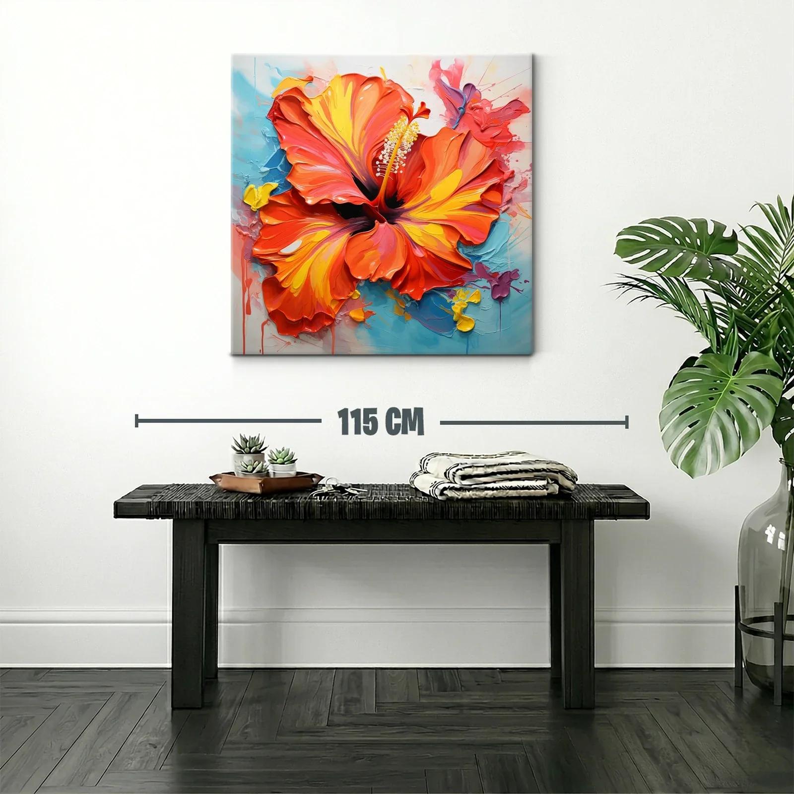Cuadro flor hibisco vibrante en tonos cálidos y frescos — miniatura 2