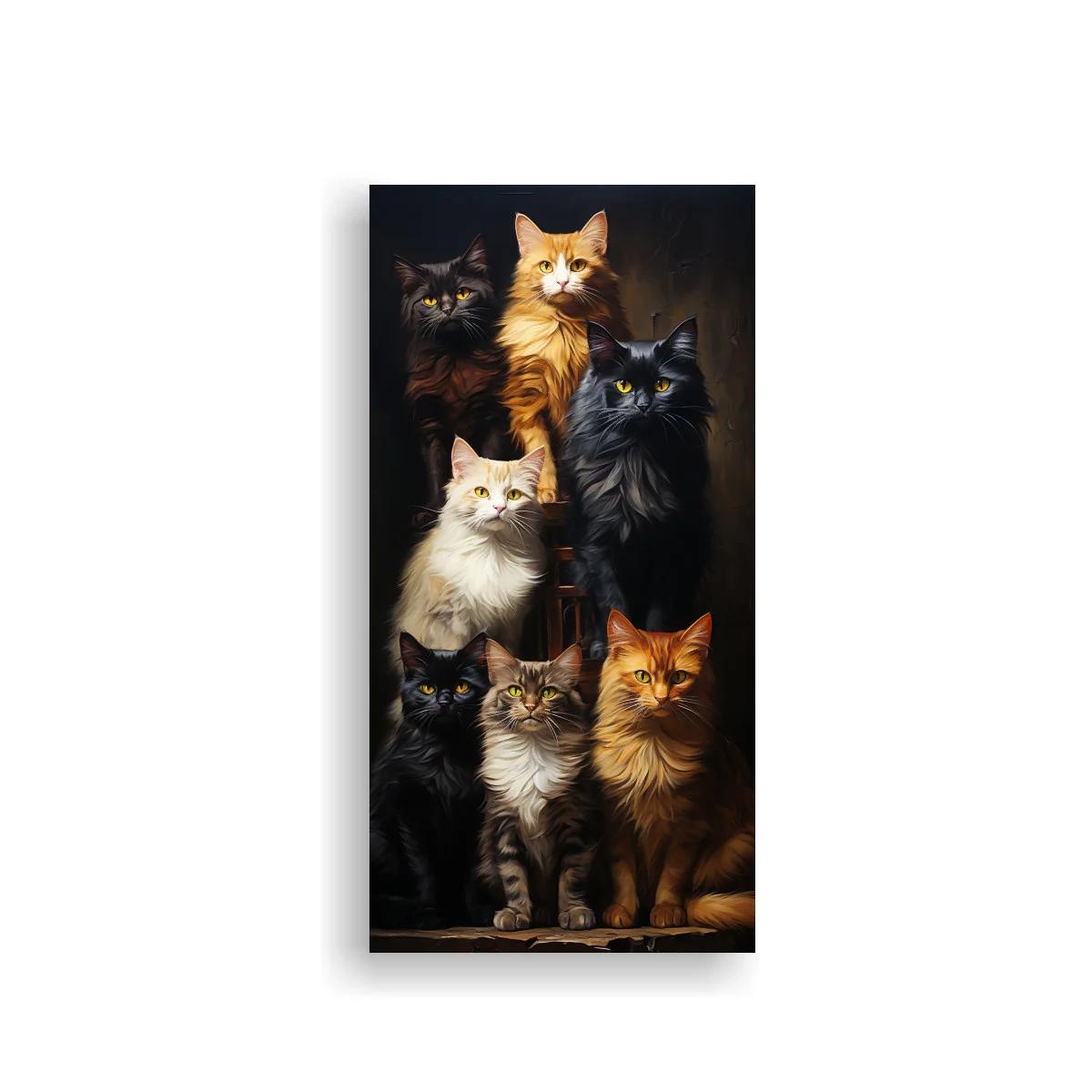 Cuadro grupo de gatos de pelo largo sobre estructura de madera