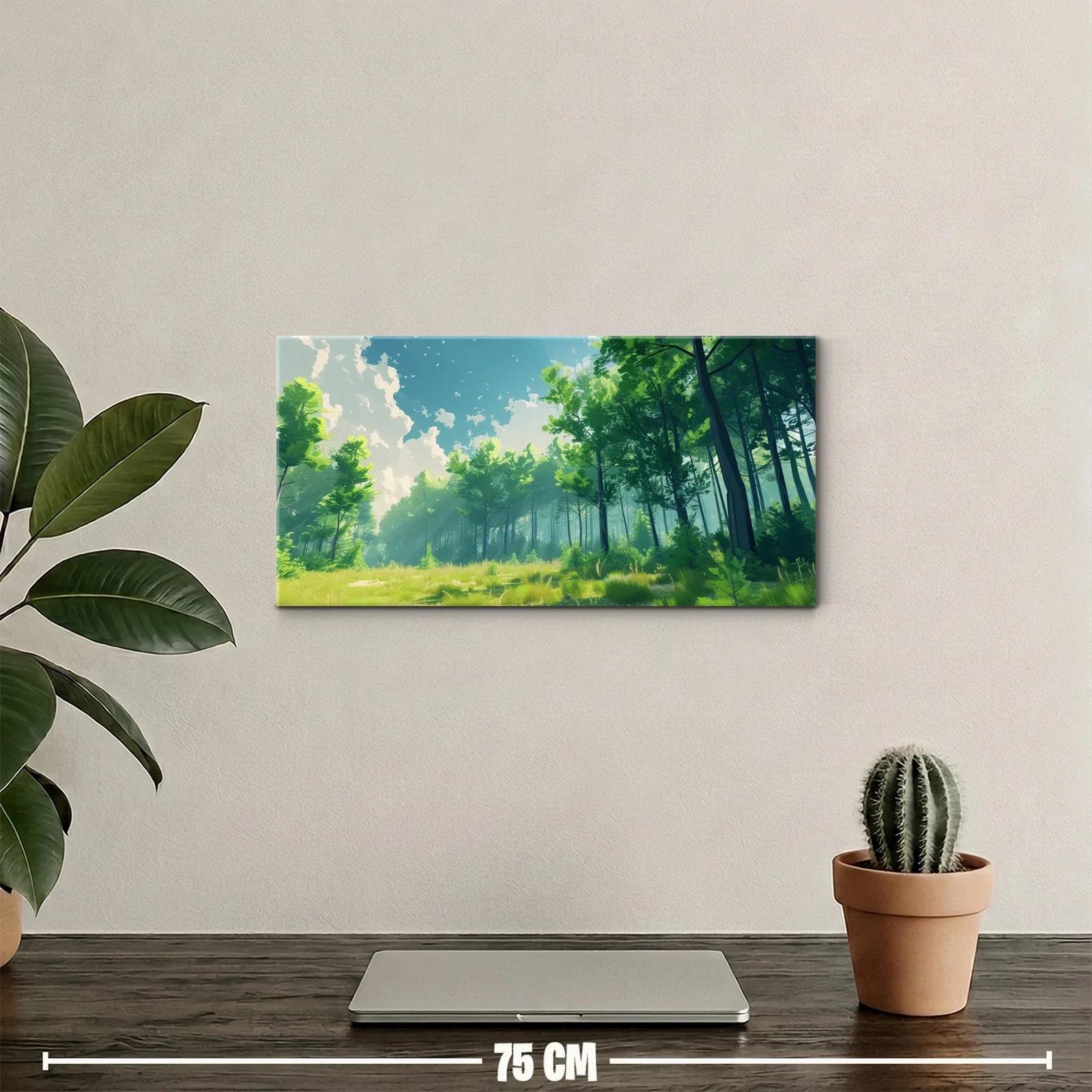 Cuadro bosque de pinos con claro de pradera y luz entre las copas — miniatura 2