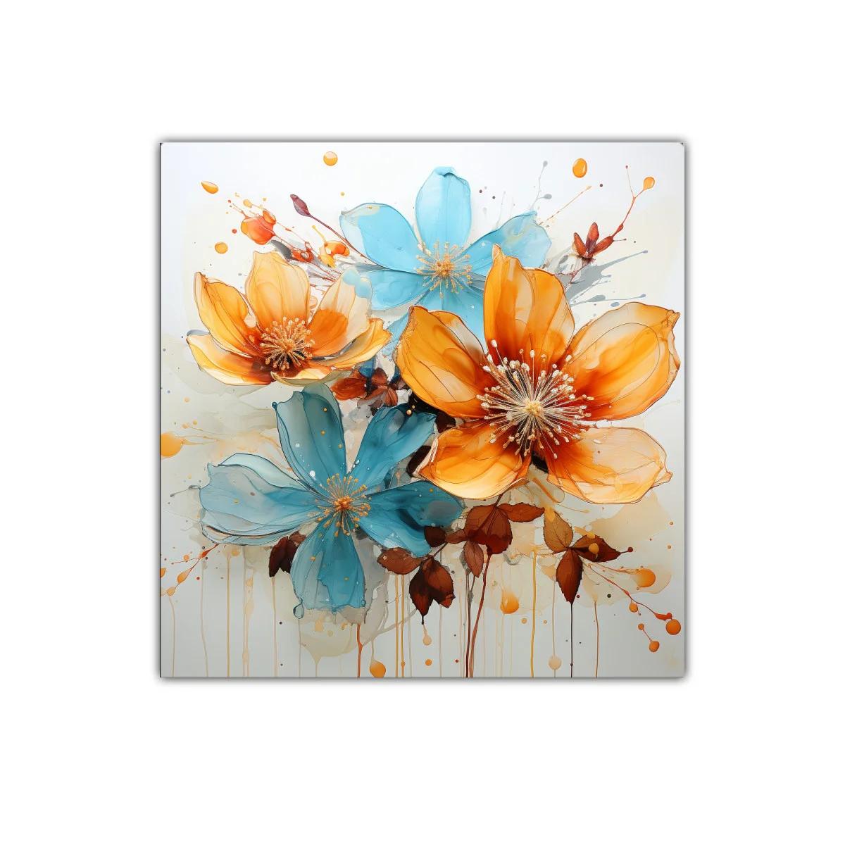 Cuadro decorativo flores vibrantes en tonos naranjas y azules — imagen principal