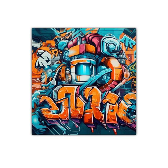 Cuadro con arte urbano y robot futurista en vibrantes tonos