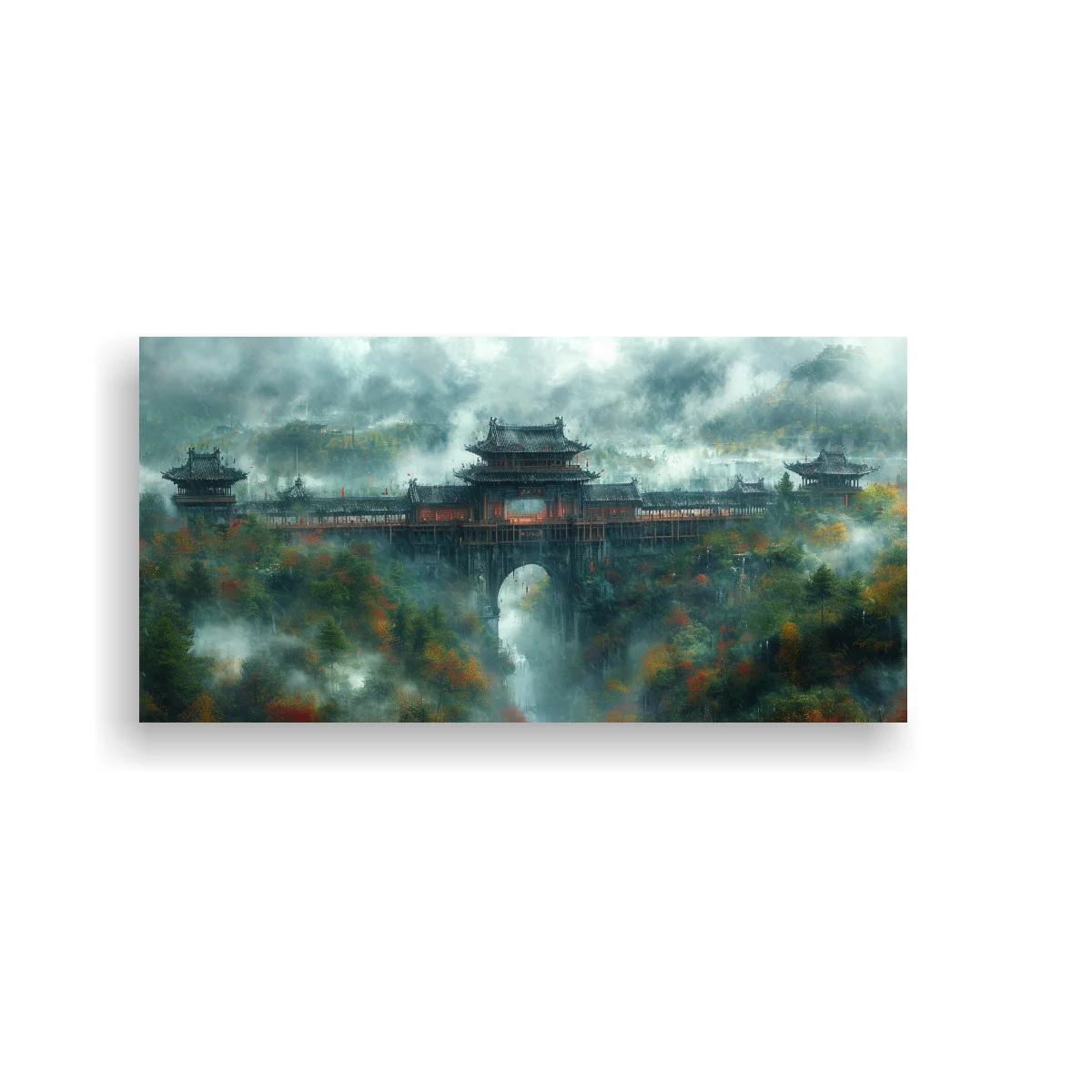 Cuadro puerta tradicional china entre bruma y muralla — imagen principal