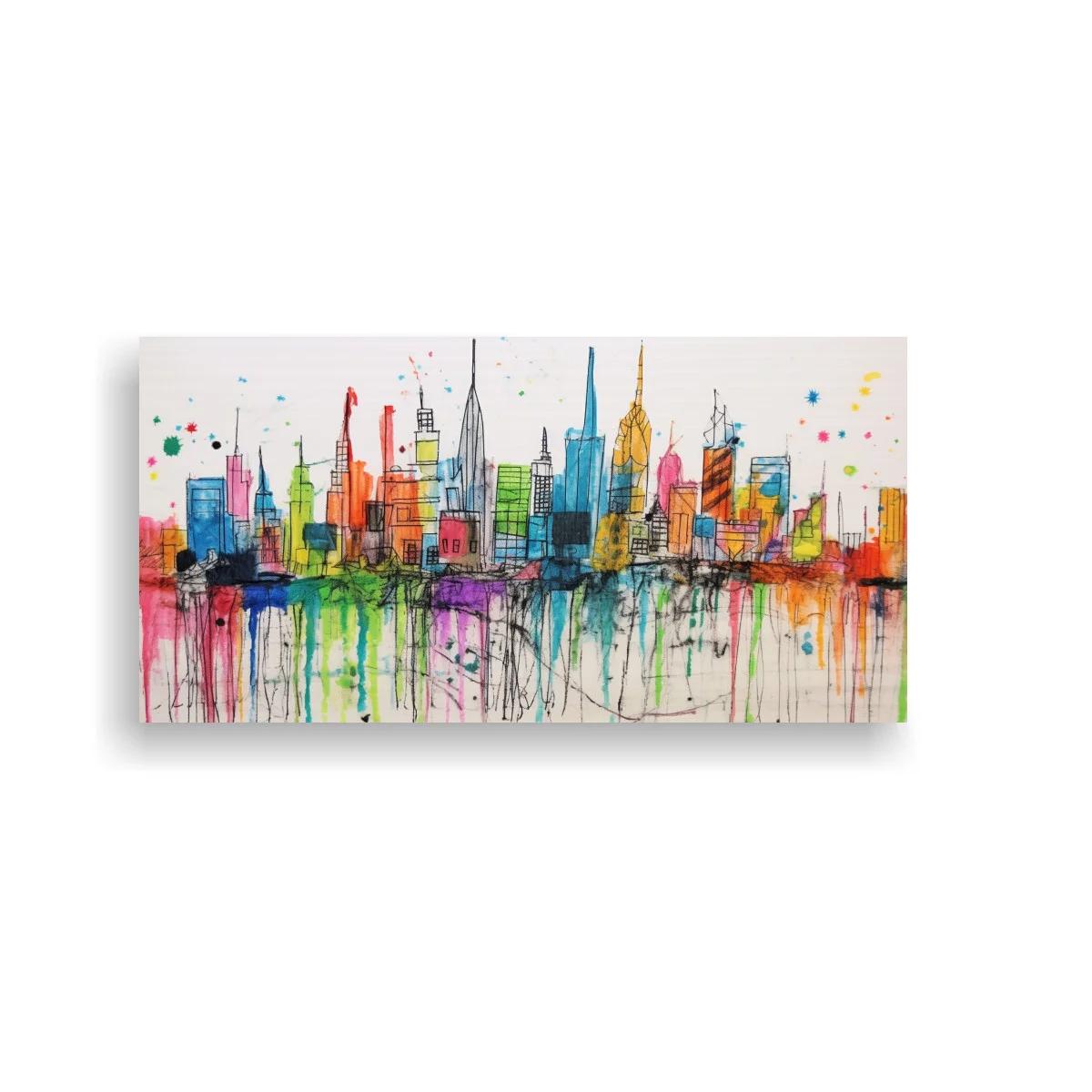 Cuadro skyline urbano con rascacielos de colores y salpicaduras