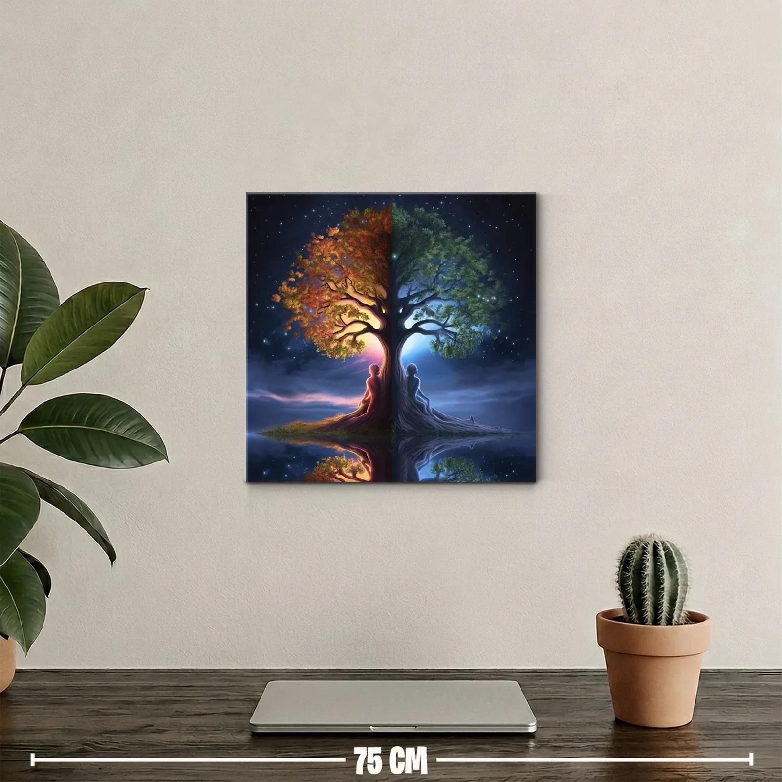 Cuadro árbol dual con figuras humanas y contraste día noche — miniatura 2