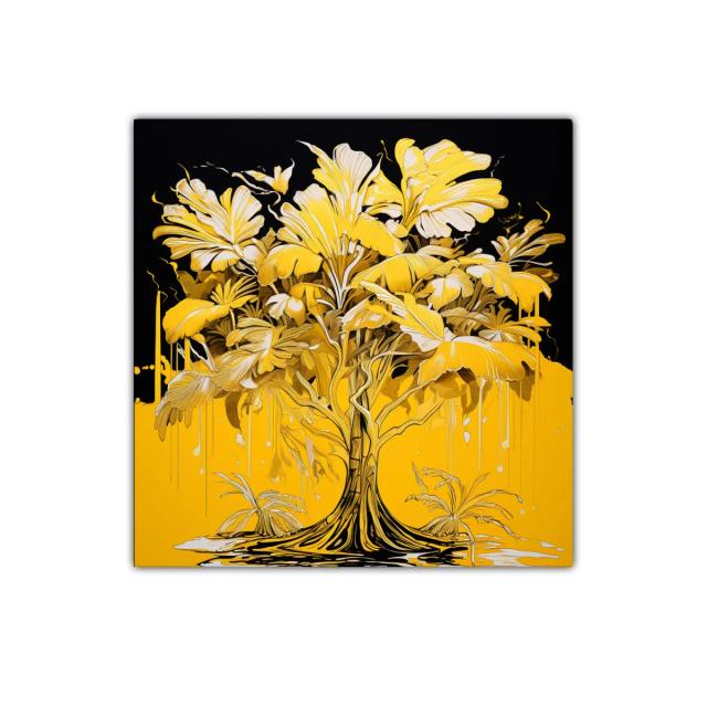 Árbol dorado con hojas exuberantes y fondo vibrante