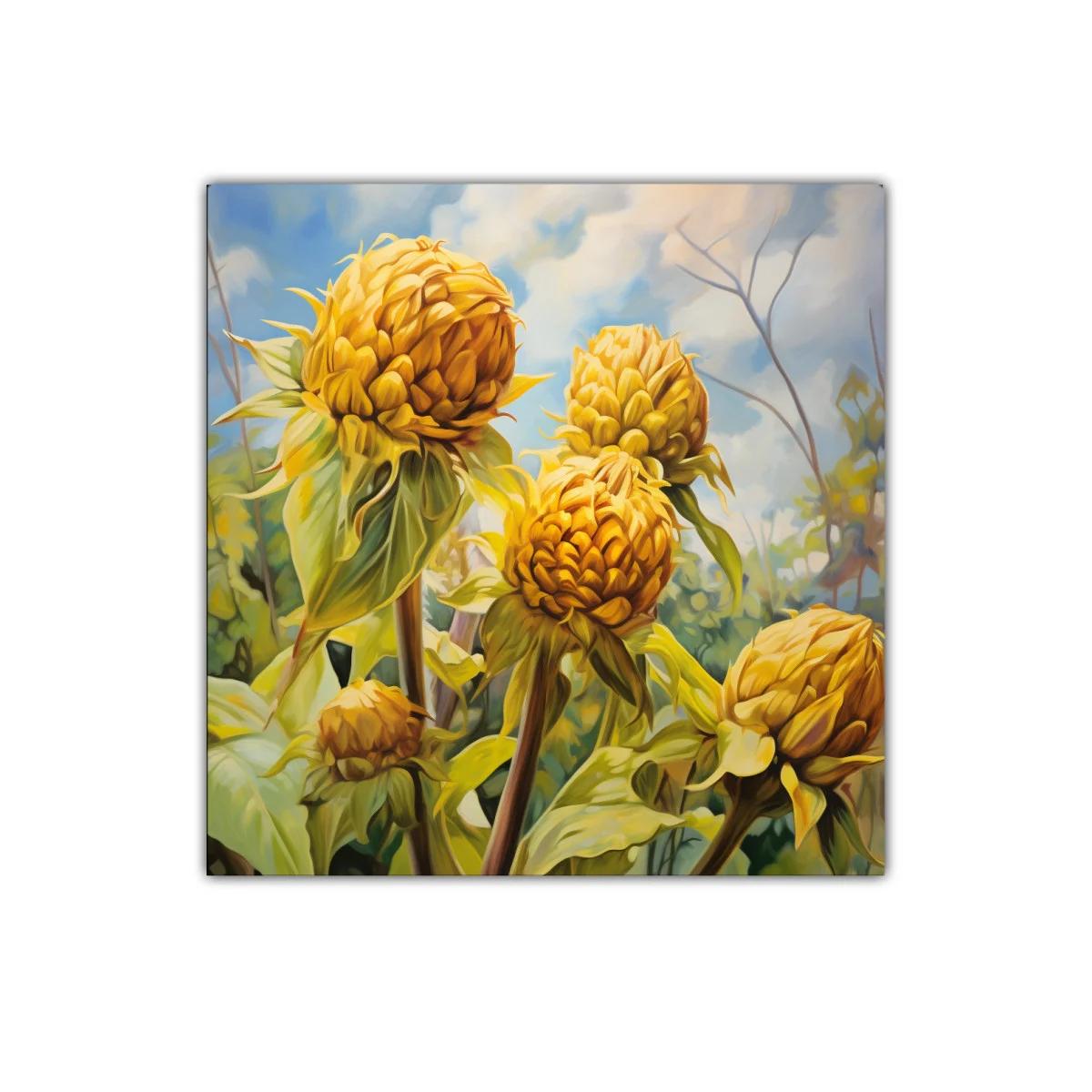 Cuadro decorativo con flores amarillas vibrantes y cielo azul — imagen principal