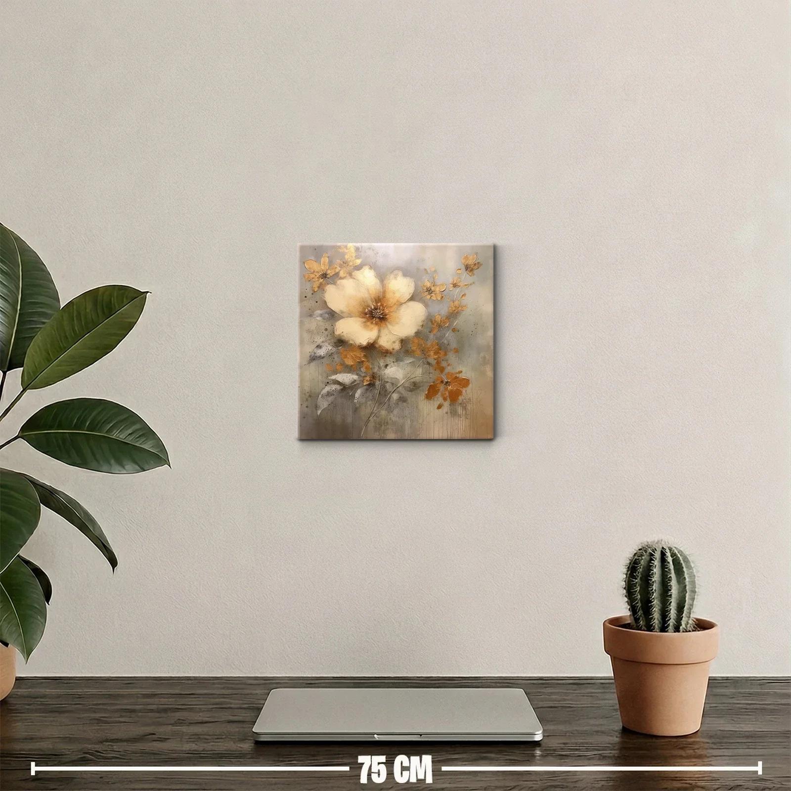 Cuadro decorativo flor dorada con hojas grises y tonos neutros — miniatura 2