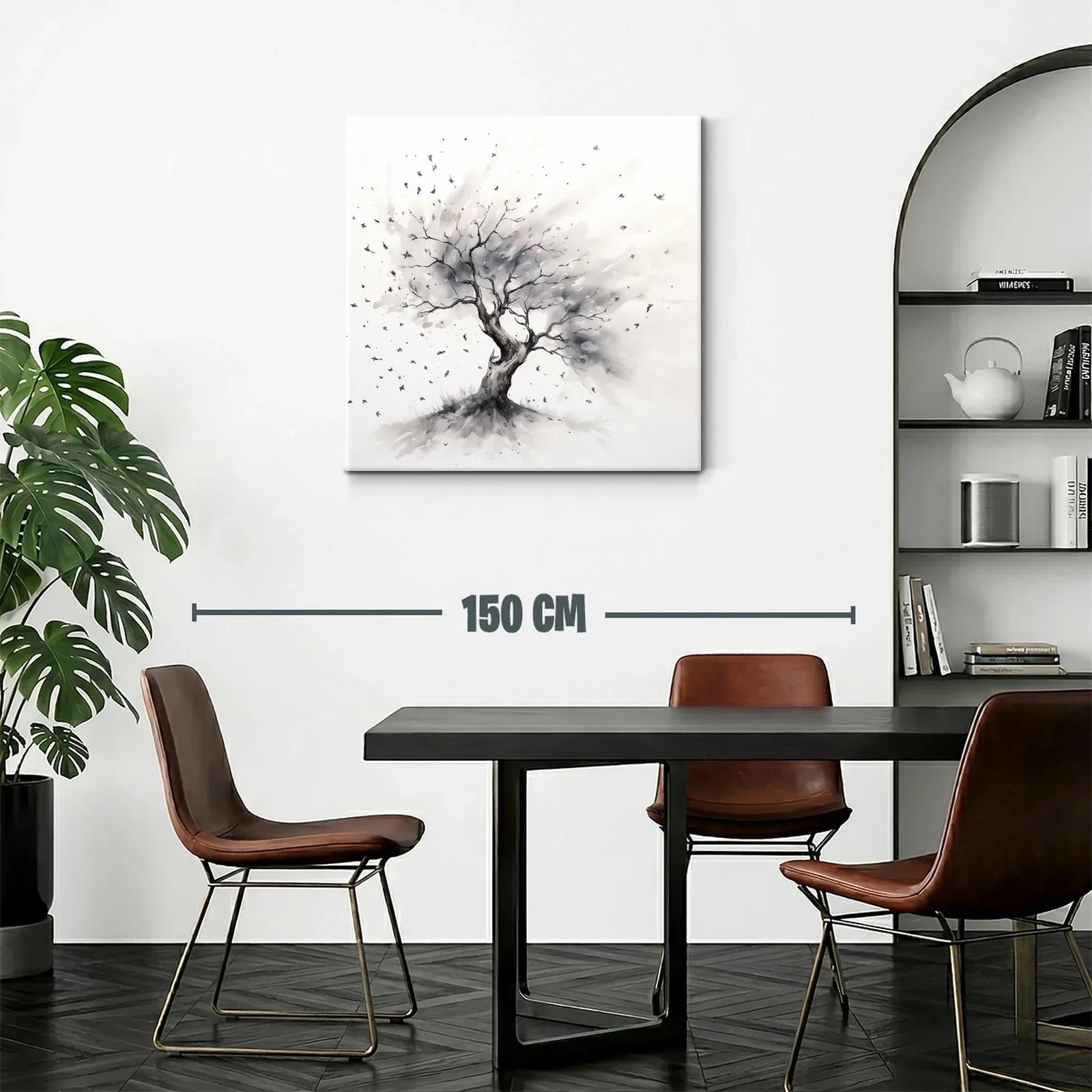 Árbol solitario con aves en tonos neutros — miniatura 2