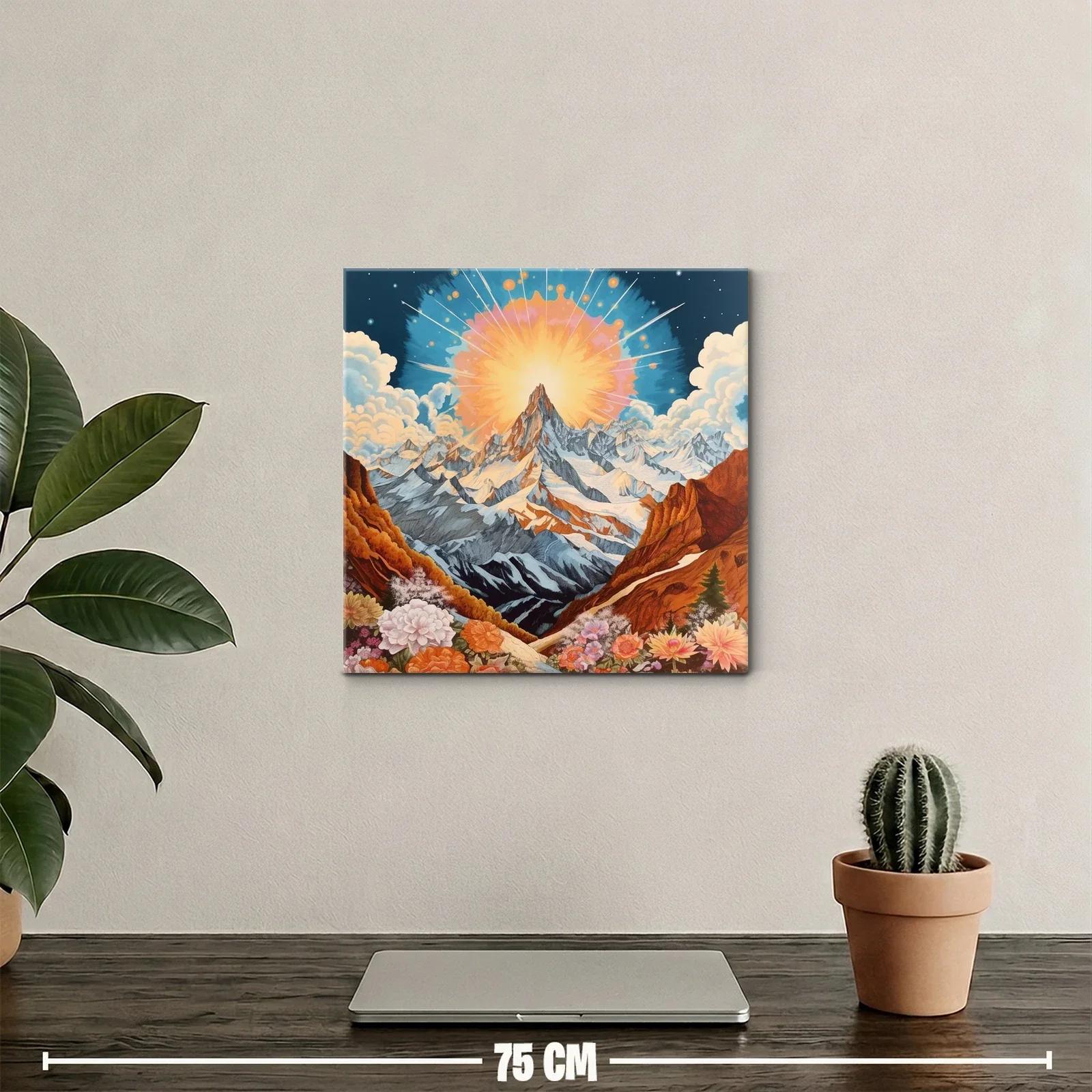 Montaña majestuosa con sol radiante y flores vibrantes — miniatura 2