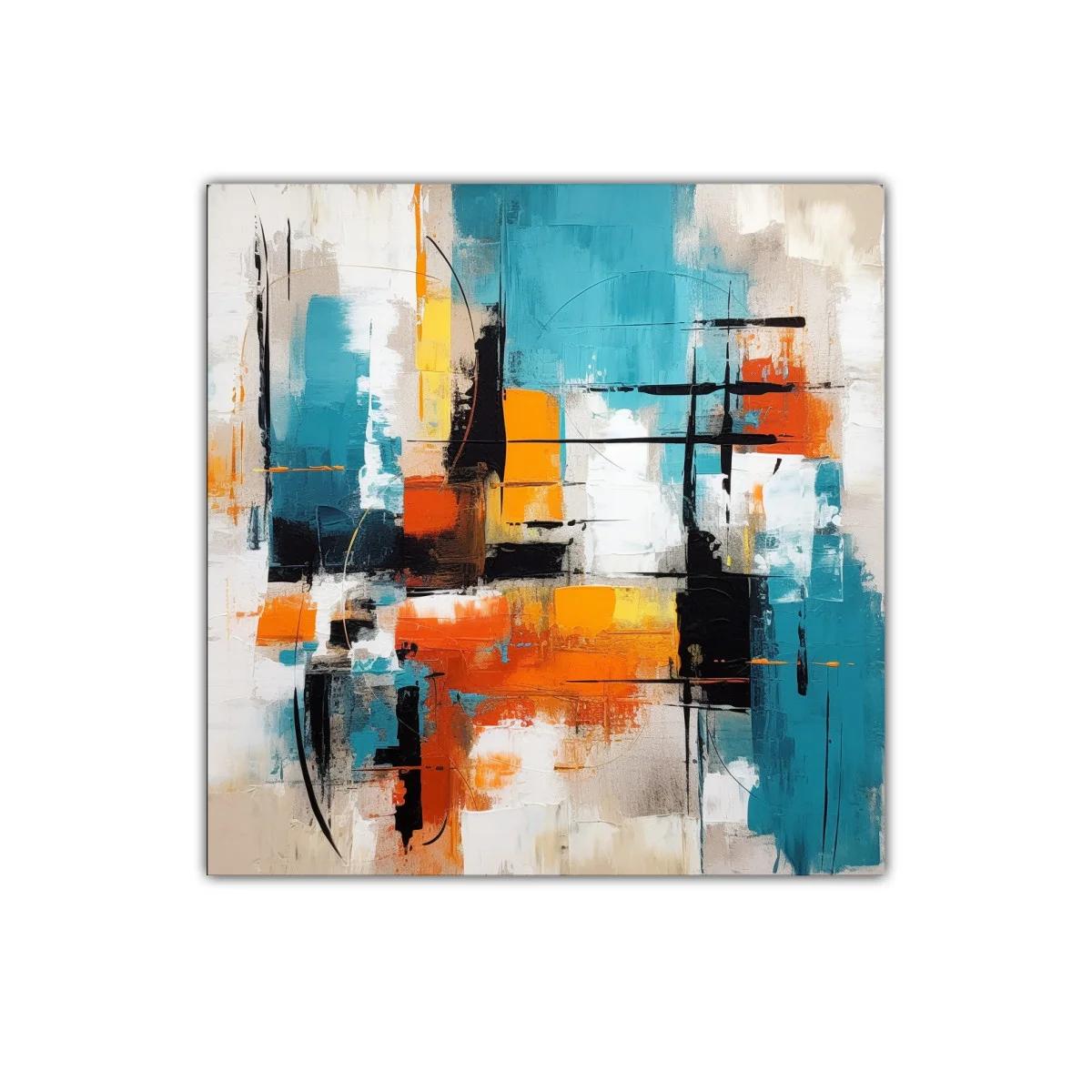 Cuadro abstracto vibrante con tonos turquesa y naranja — miniatura 1