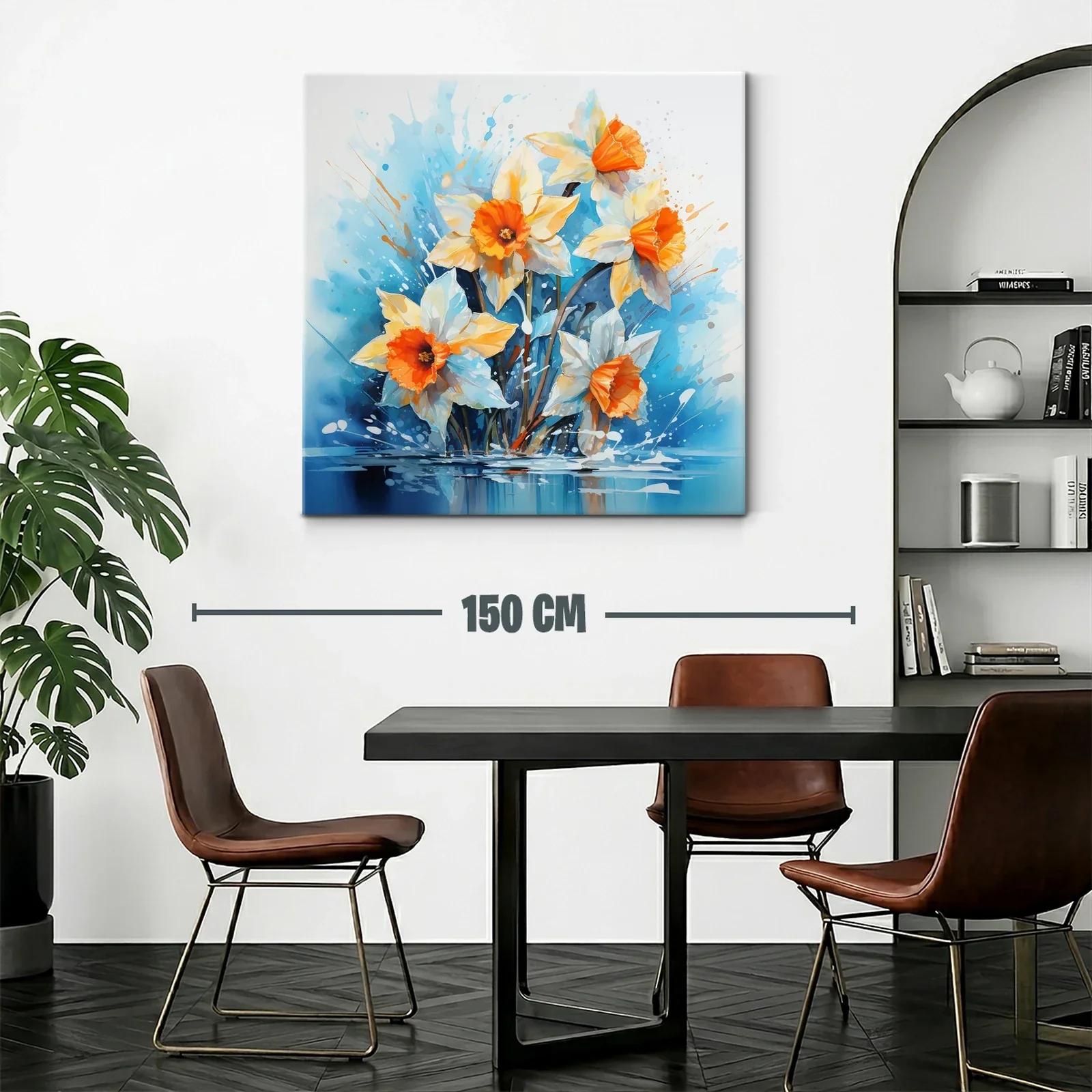 Cuadro floral vibrante con narcisos anaranjados y fondo azul — miniatura 2