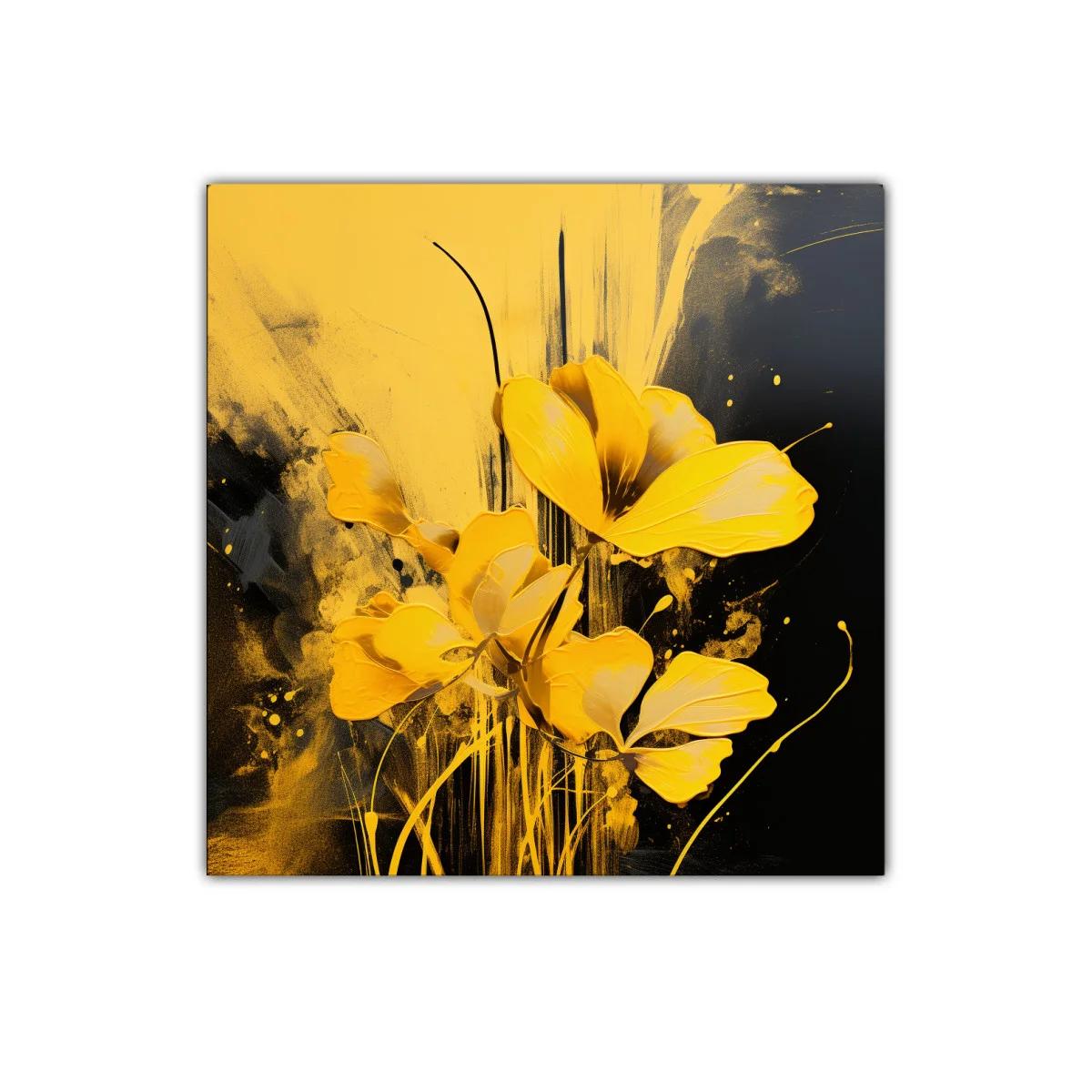 Cuadro decorativo flores amarillas vibrantes sobre fondo oscuro — imagen principal