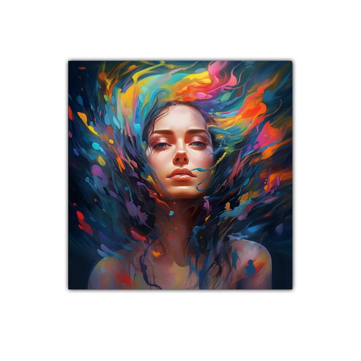 Rostro femenino con explosión de colores vibrantes