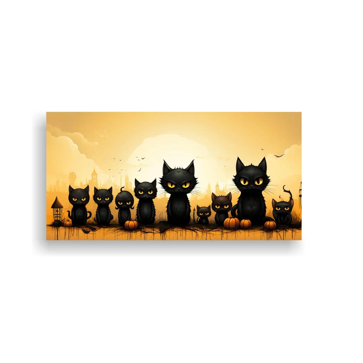 Cuadro gatos negros con calabazas y fondo luminoso