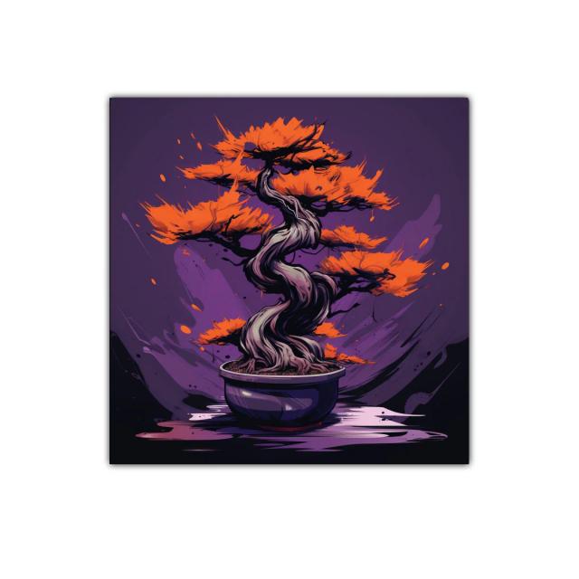 Cuadro moderno de bonsái con hojas naranjas vibrantes