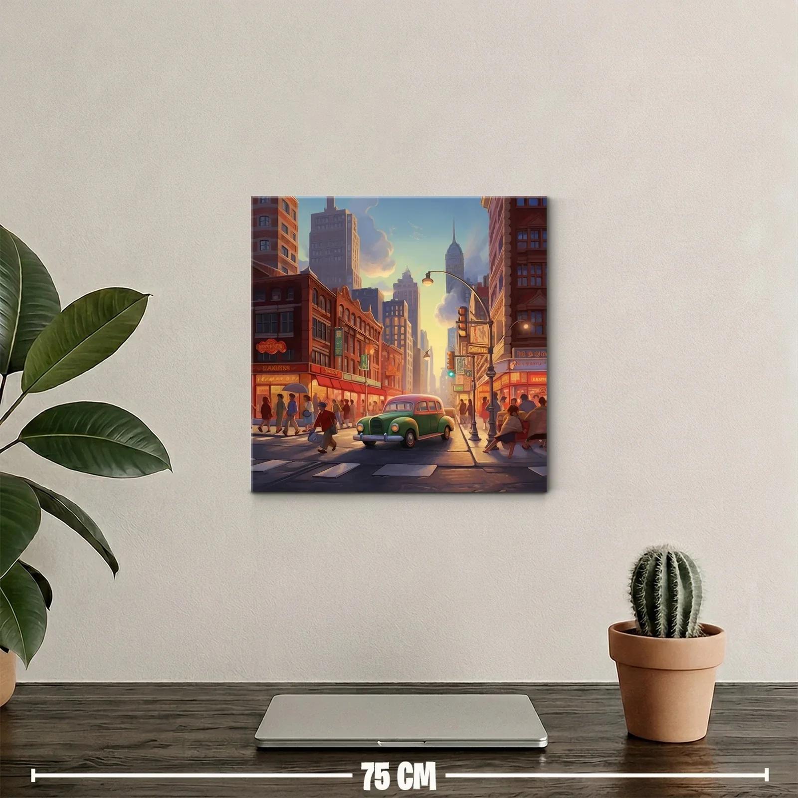 Atardecer urbano con coche clásico en calle concurrida — miniatura 2