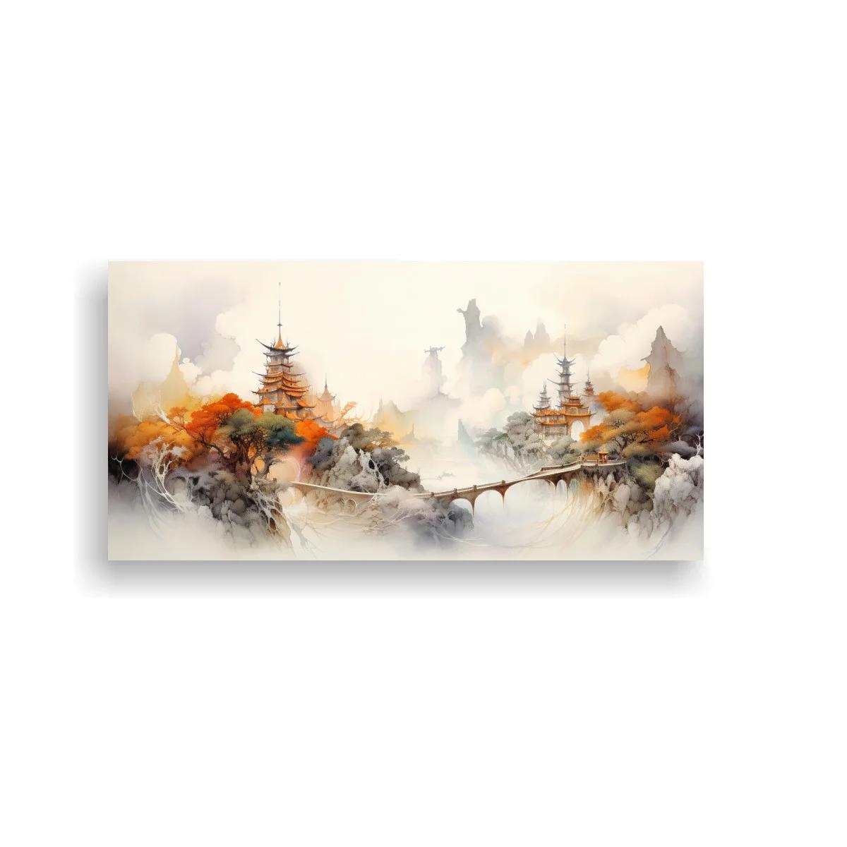 Cuadro paisaje asiático con pagodas y puente arqueado