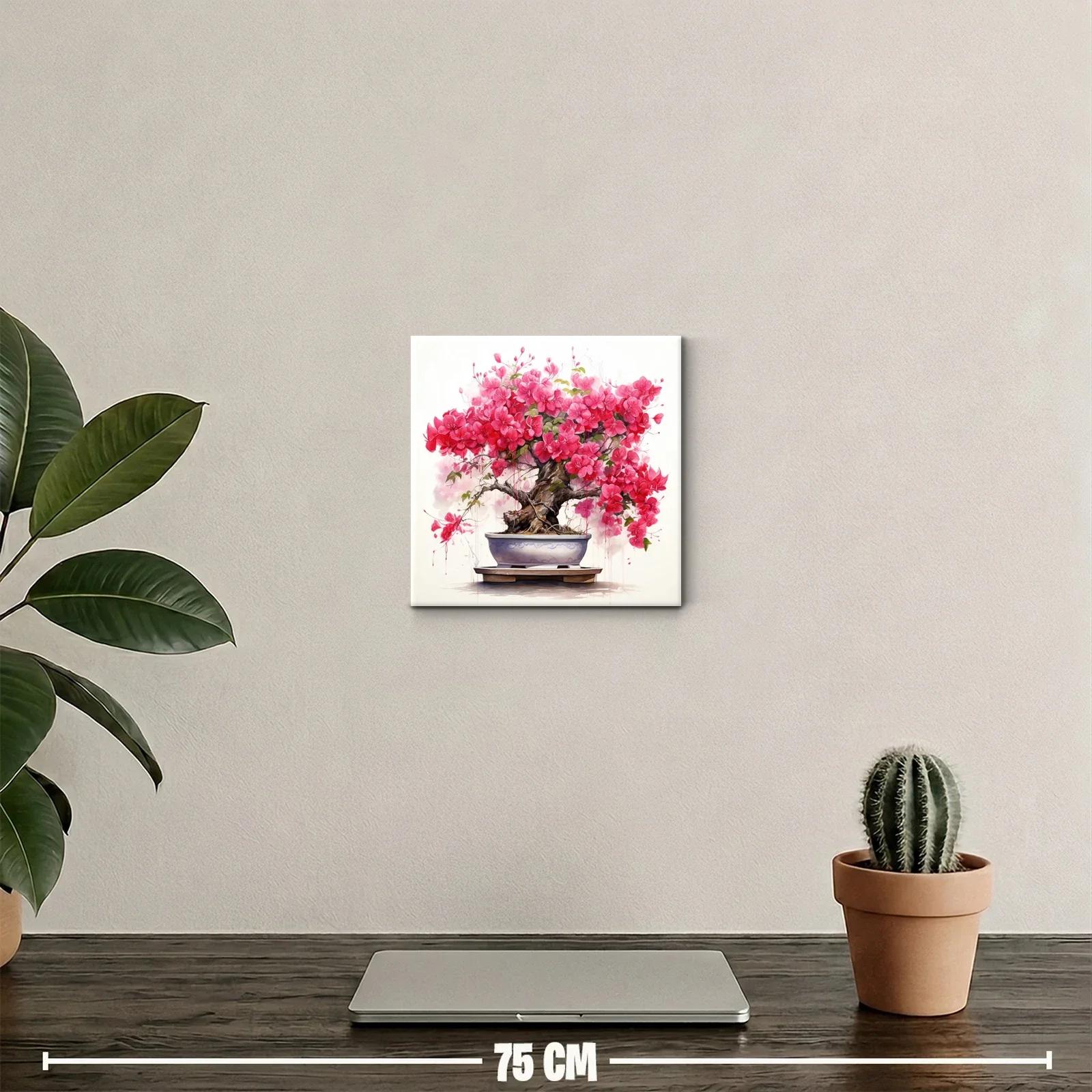 Cuadro decorativo con bonsái y flores fucsias vibrantes — miniatura 2