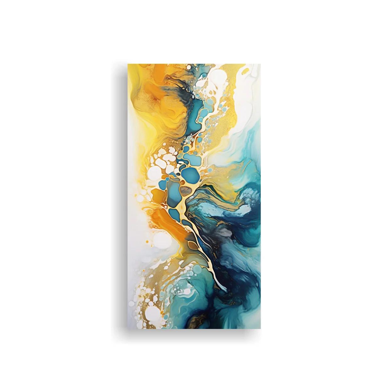 Cuadro abstracción fluida en azul y dorado con celdas redondeadas