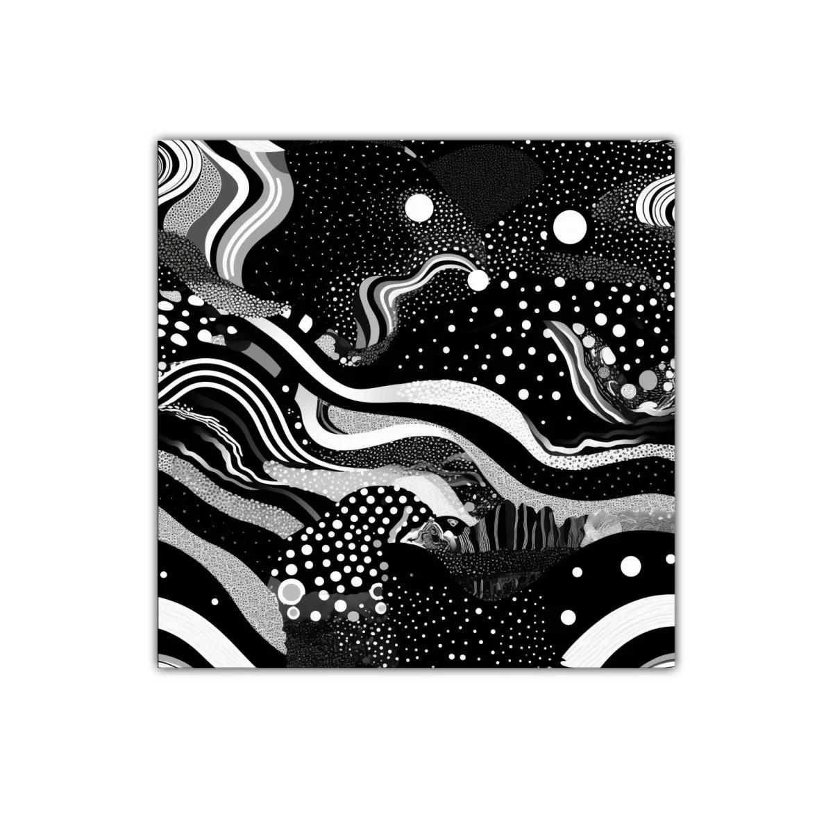 Cuadro abstracto en blanco y negro con formas y puntos dinámicos