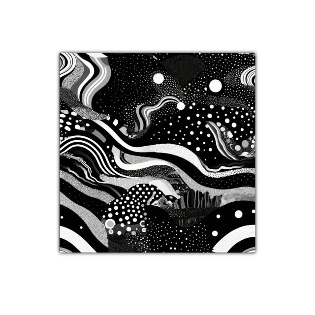 Cuadro abstracto en blanco y negro con formas y puntos dinámicos