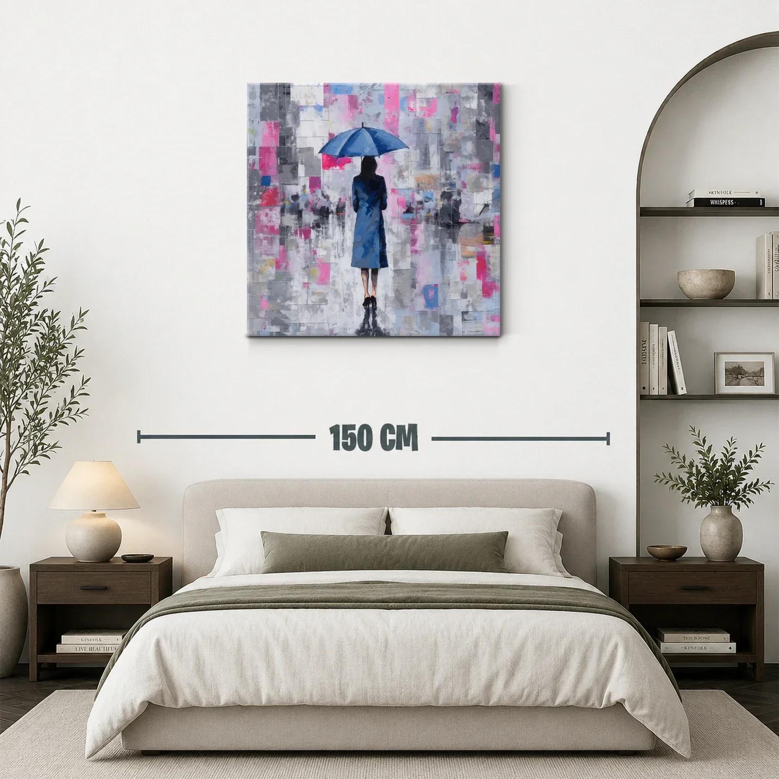 Mujer con paraguas azul en paisaje urbano abstracto — miniatura 3