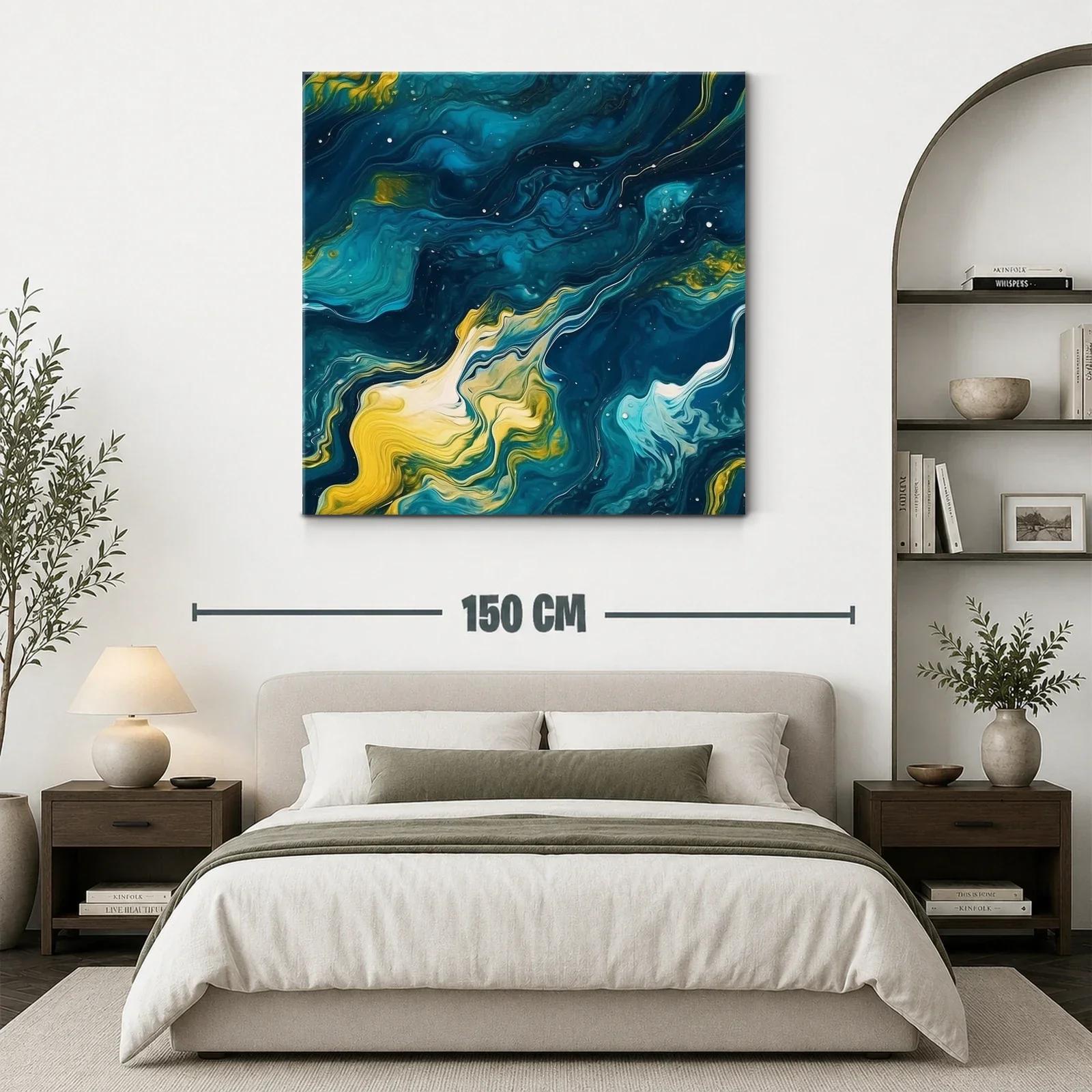 Cuadro abstracto de ondas fluidas en azul y amarillo — miniatura 3