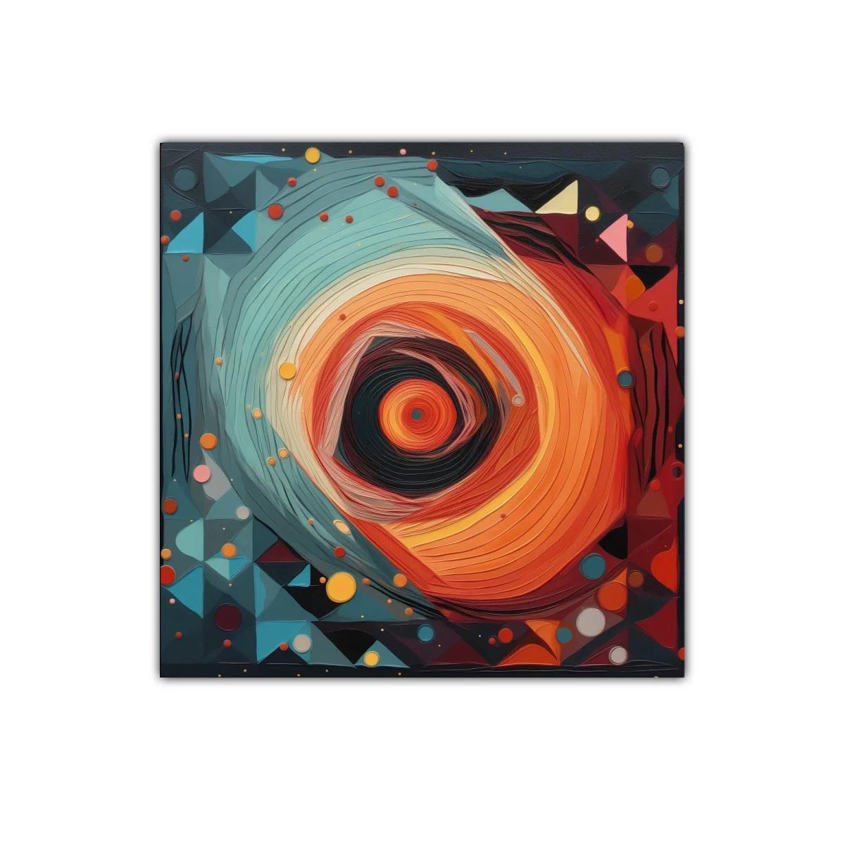 Cuadro abstracto con movimiento circular en tonos cálidos y fríos