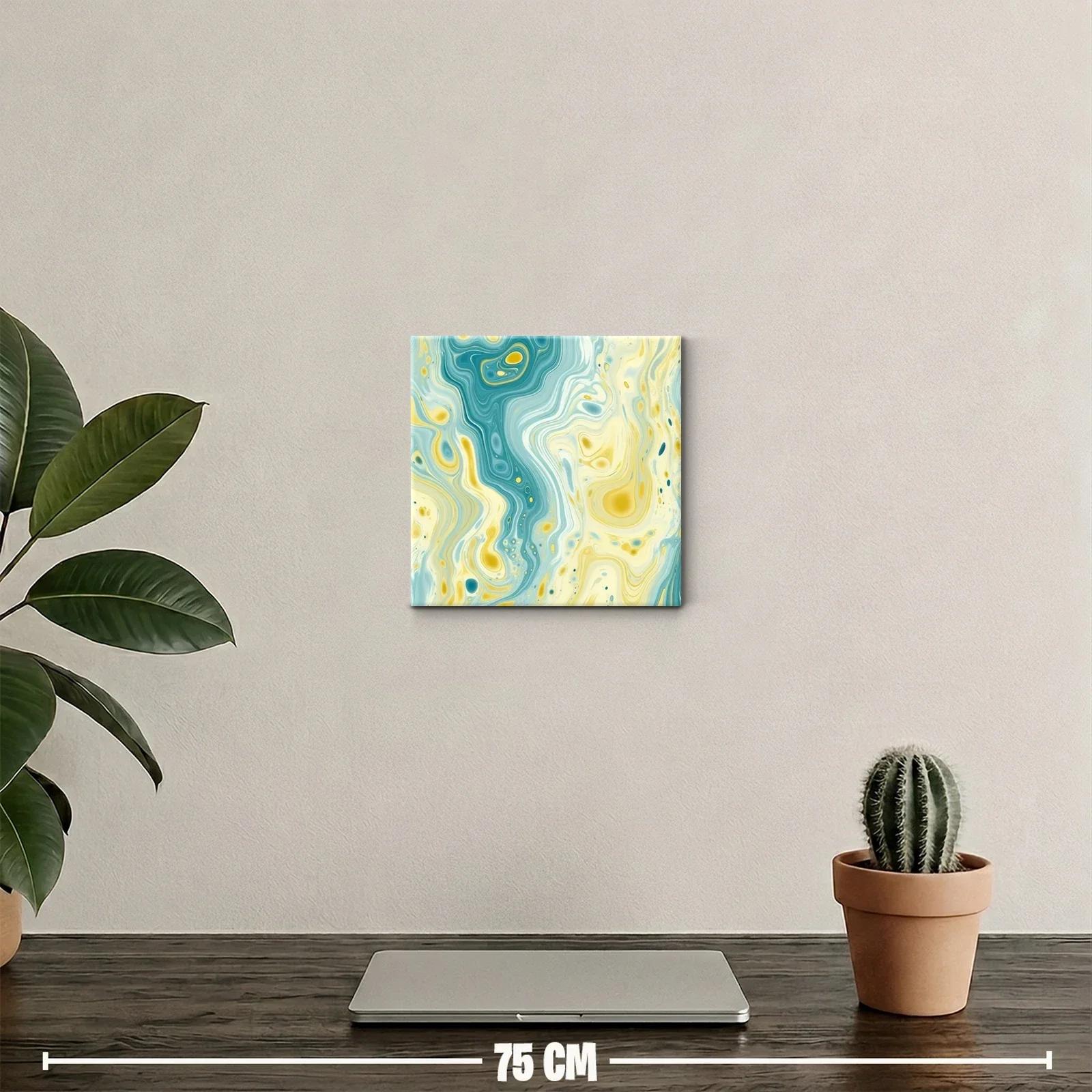 Cuadro abstracto con fluidas formas y tonos aqua y amarillo — miniatura 2