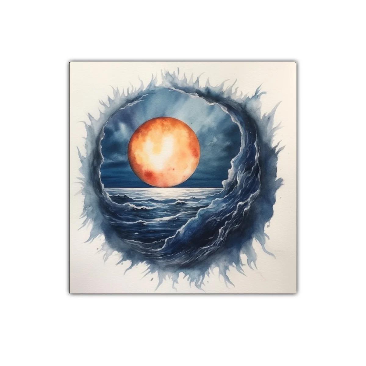Cuadro decorativo con mar y luna naranja iluminada