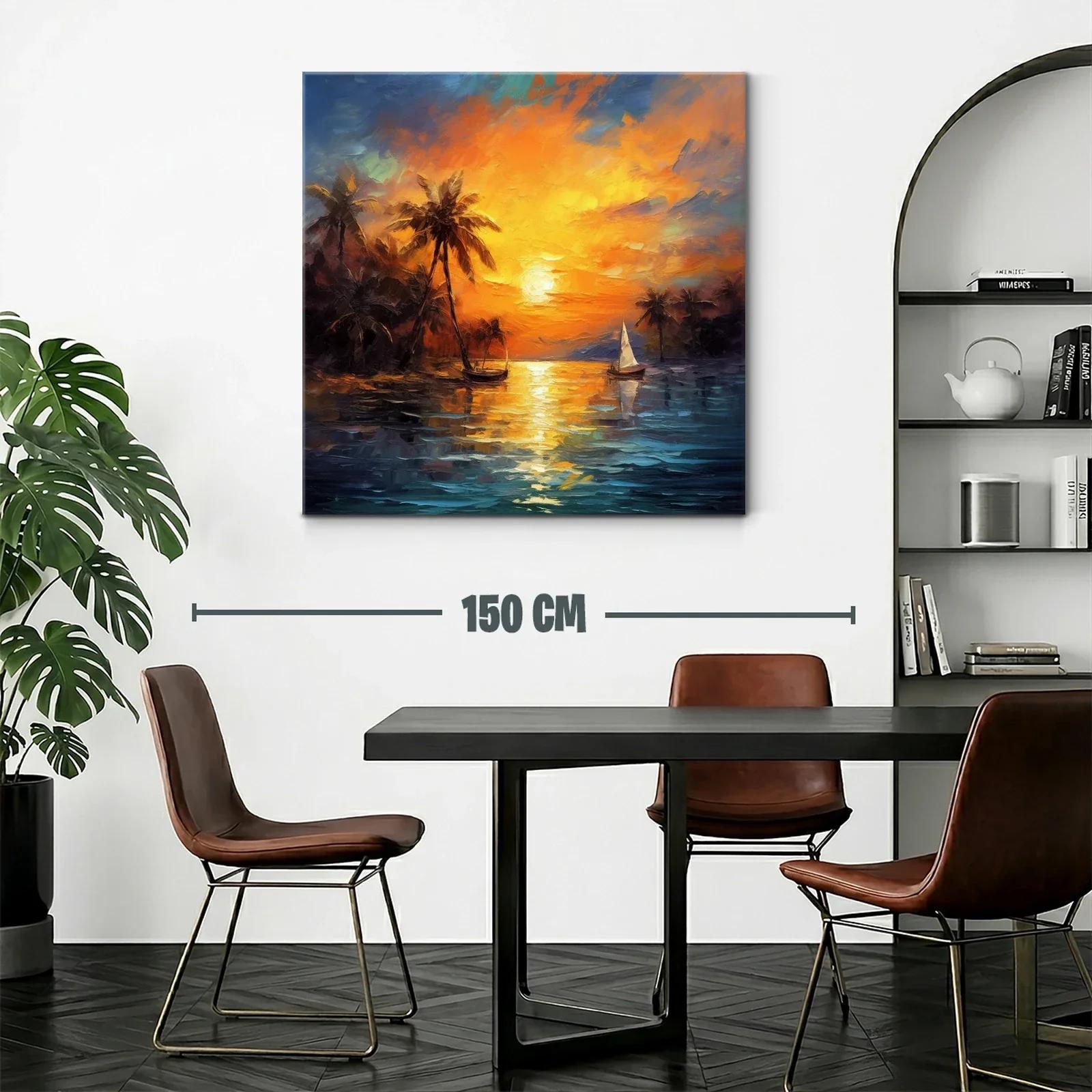 Atardecer tropical con palmeras y barco de vela sobre el mar — miniatura 2