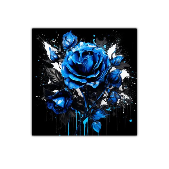 Rosa azul vibrante sobre fondo negro y blanco impactante