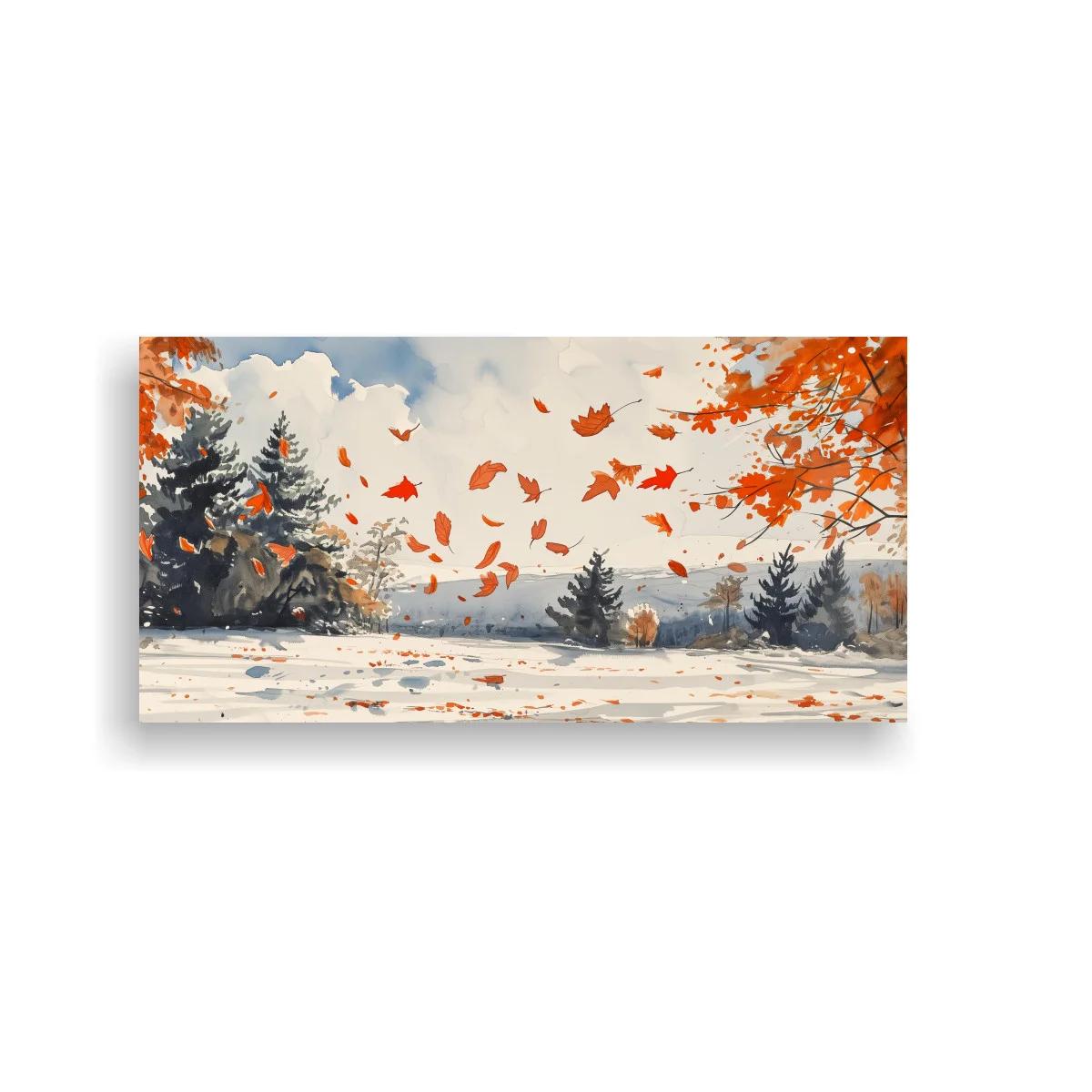 Cuadro paisaje otoñal con hojas volando y nieve