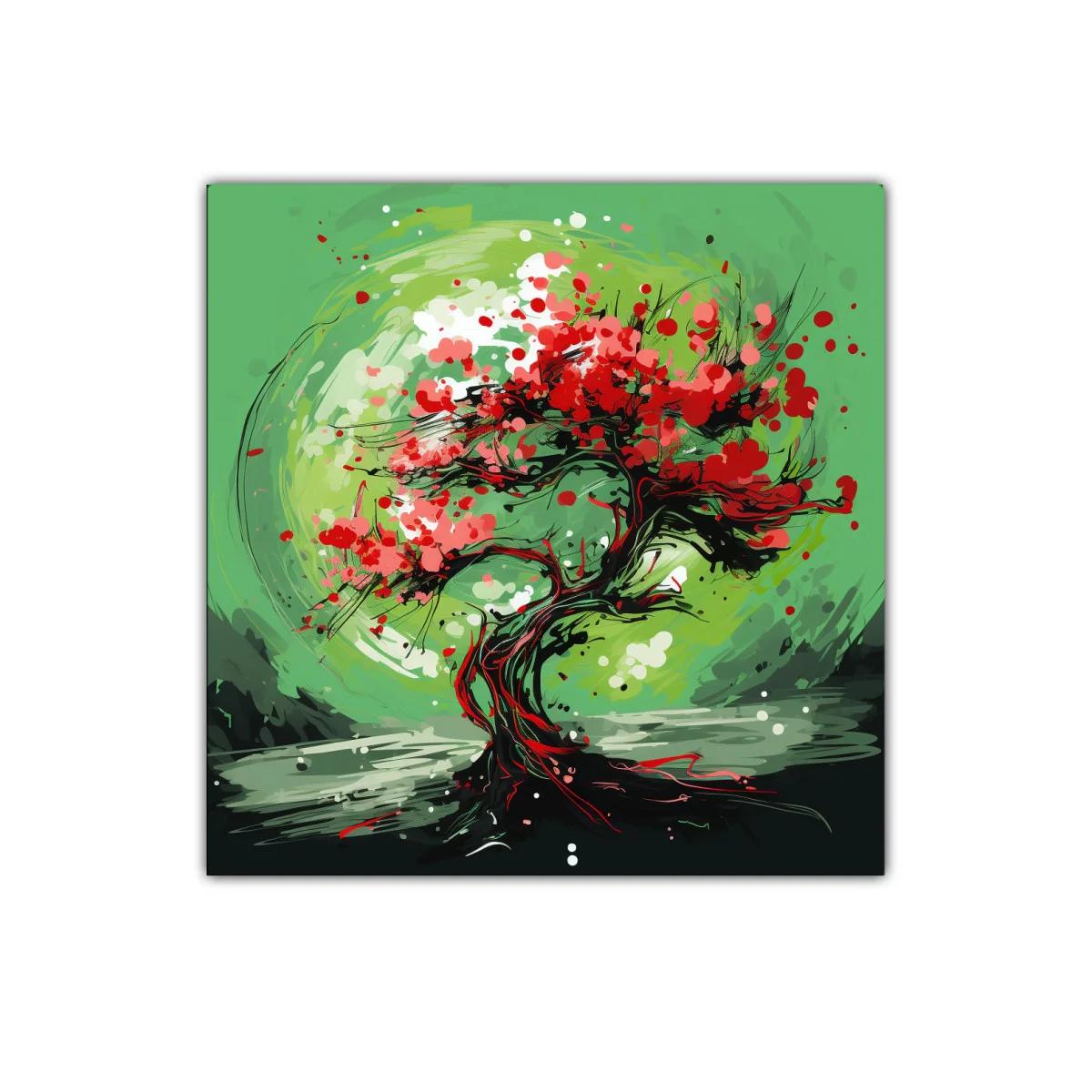 Árbol abstracto con vibrantes tonos verdes y rojos