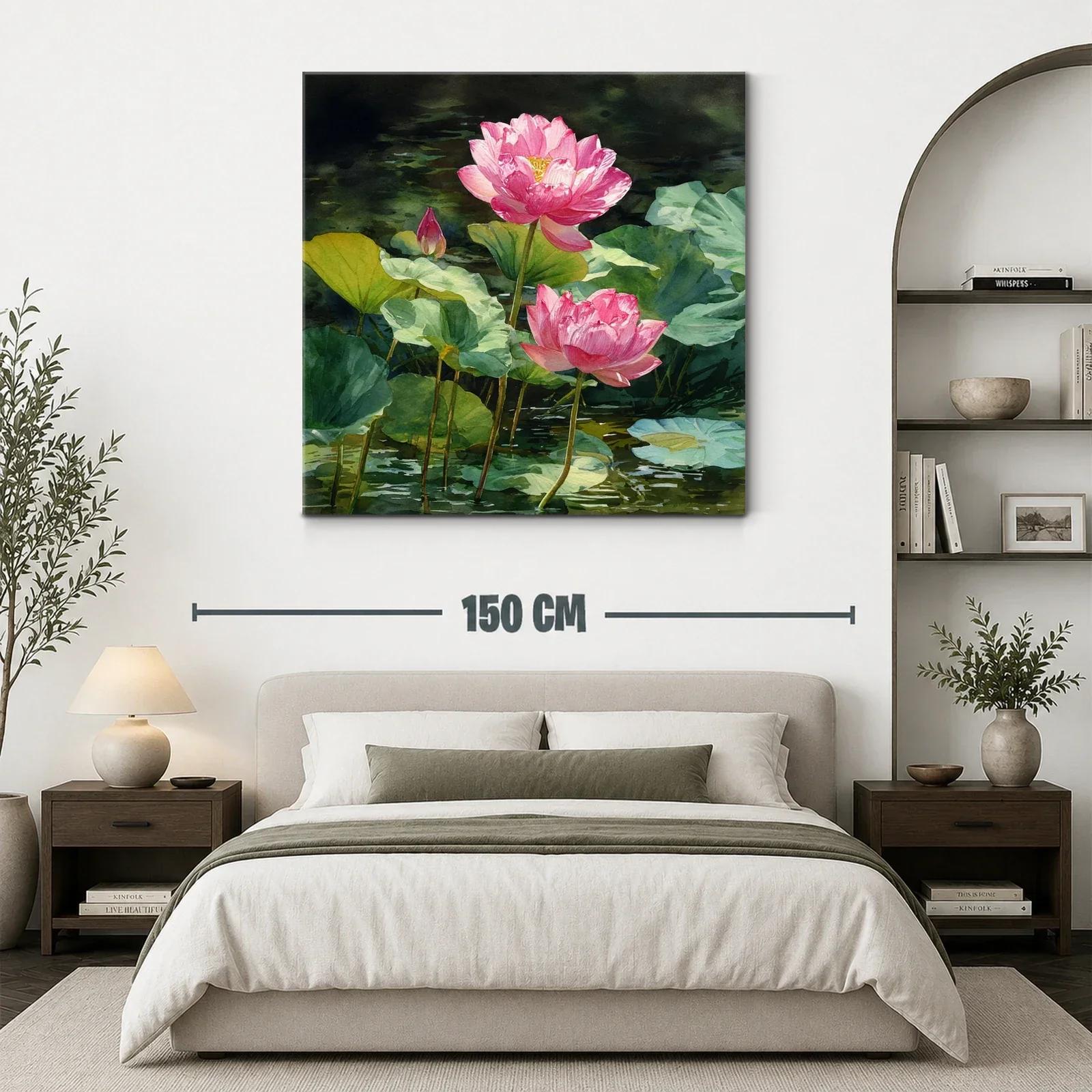 Flores de loto rosas sobre agua verde en calma — miniatura 3