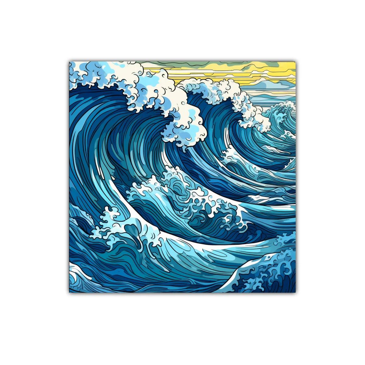 Vibrantes olas azules con espuma blanca y cielo amarillo