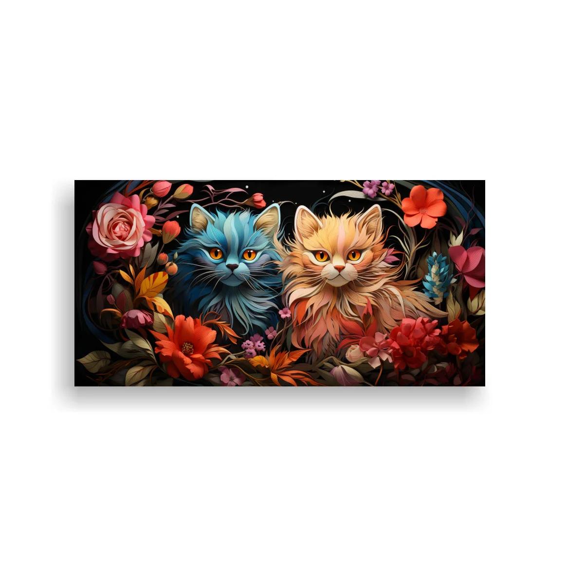 Cuadro dos gatos de pelo largo entre flores de colores