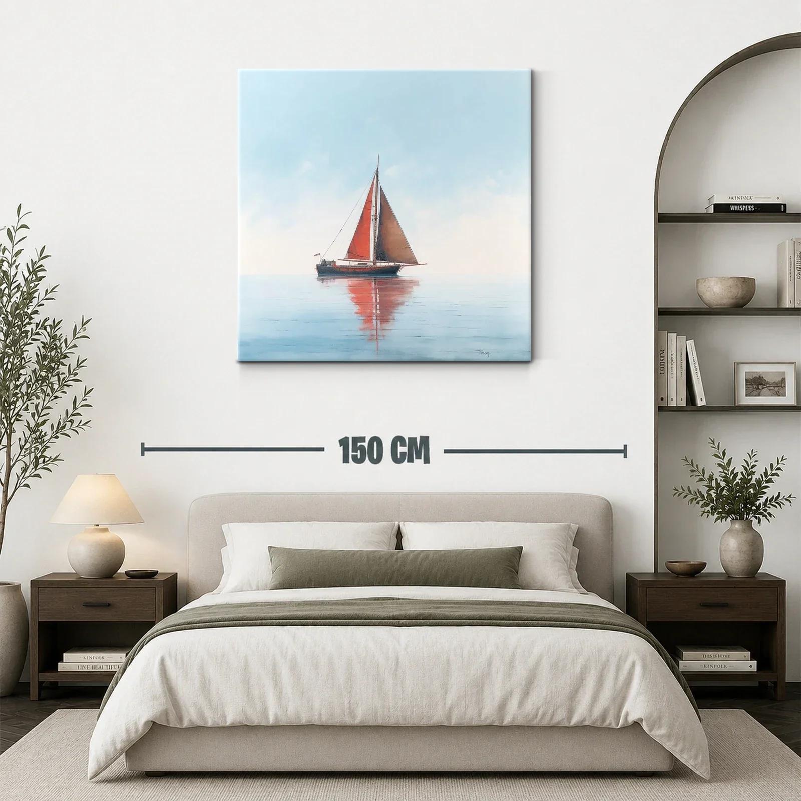 Velero con vela roja en mar tranquilo y cielo claro — miniatura 3