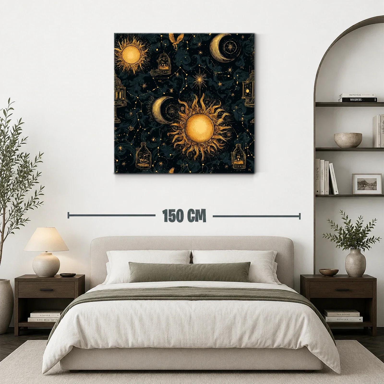 Cuadro celestial con sol y luna en tonos dorados y negros — miniatura 3