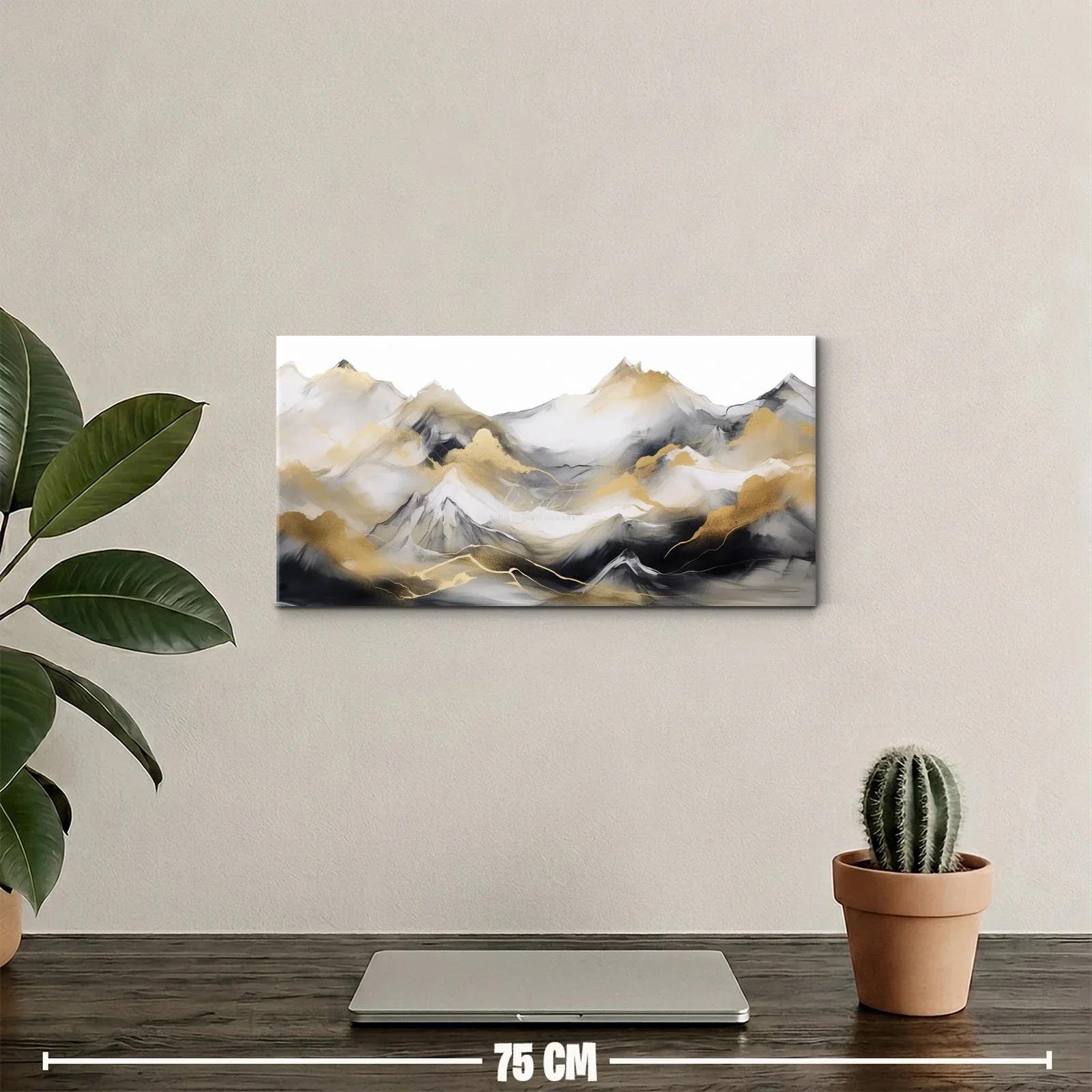 Cuadro cordillera de montañas con niebla y trazos dorados — miniatura 2
