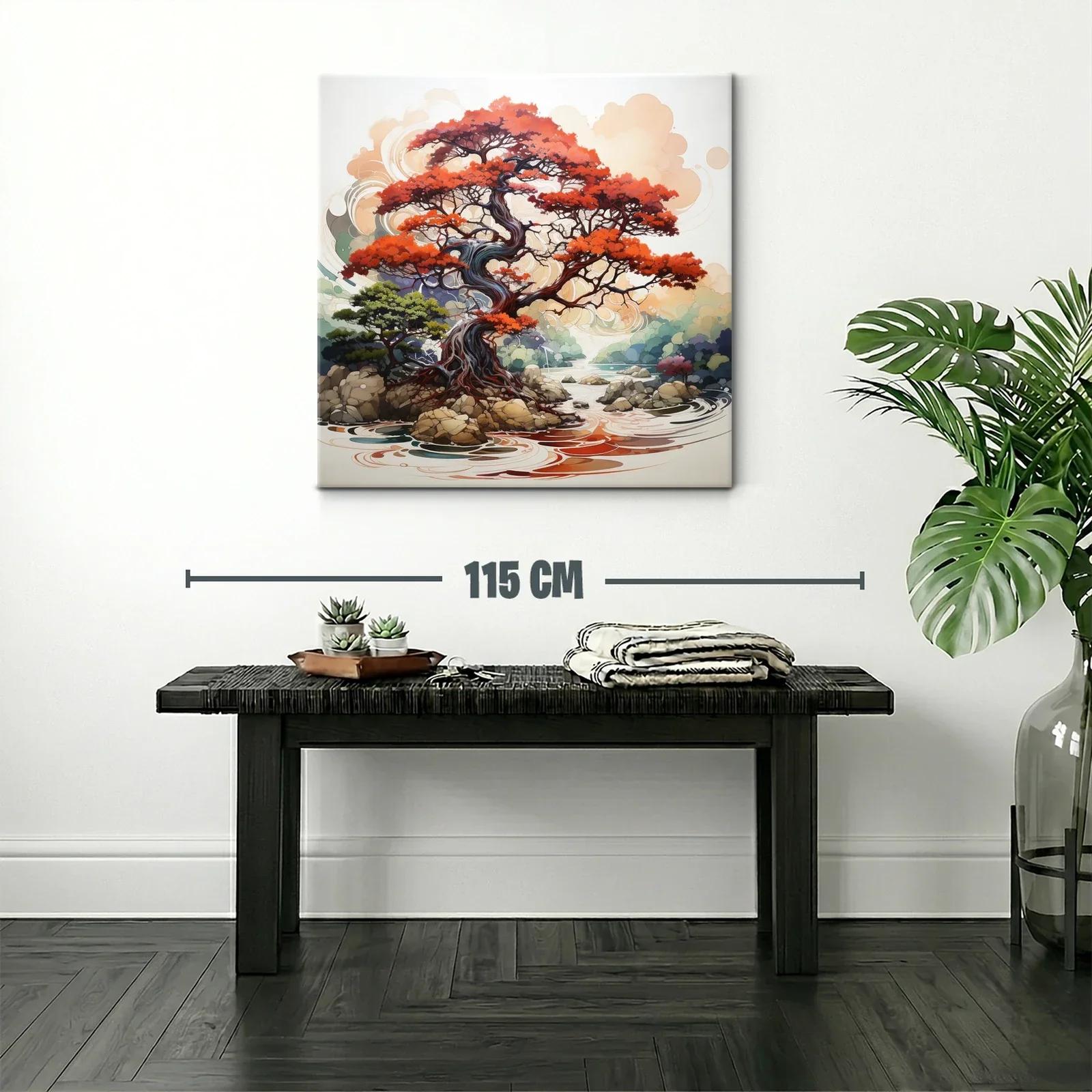 Árbol rojo sobre río con rocas y paisaje sereno — miniatura 2