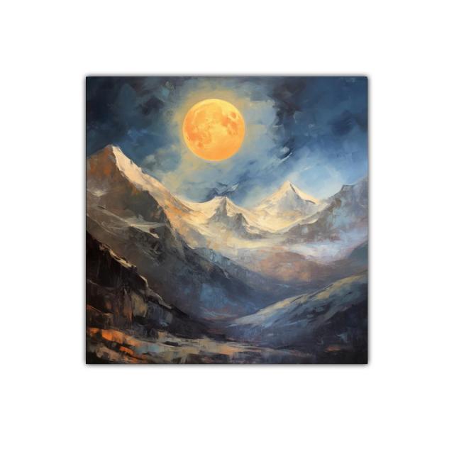 Paisaje Montañoso con Luna Llena en Tonos Cálidos y Fríos