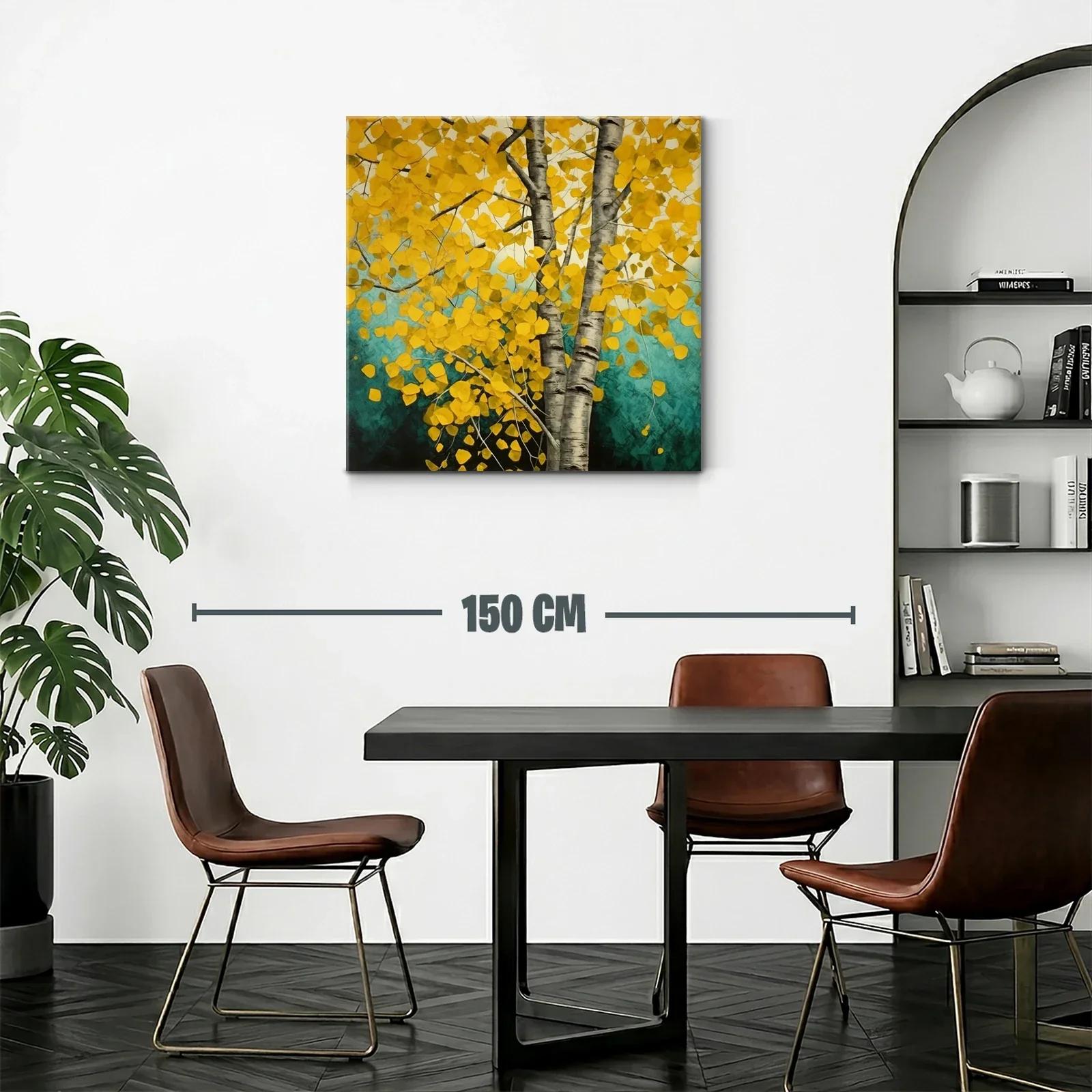 Árbol de hojas doradas con tronco plateado en fondo turquesa — miniatura 2