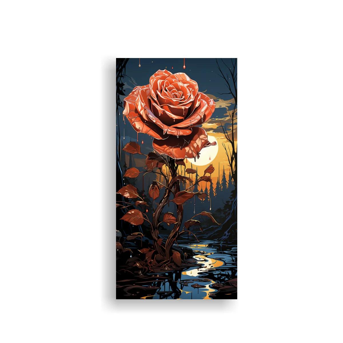 Cuadro rosa coral con luna y arroyo nocturno