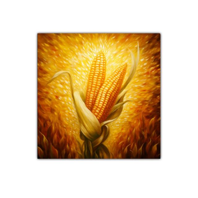 Cuadro vibrante con mazorcas de maíz doradas y luz cálida