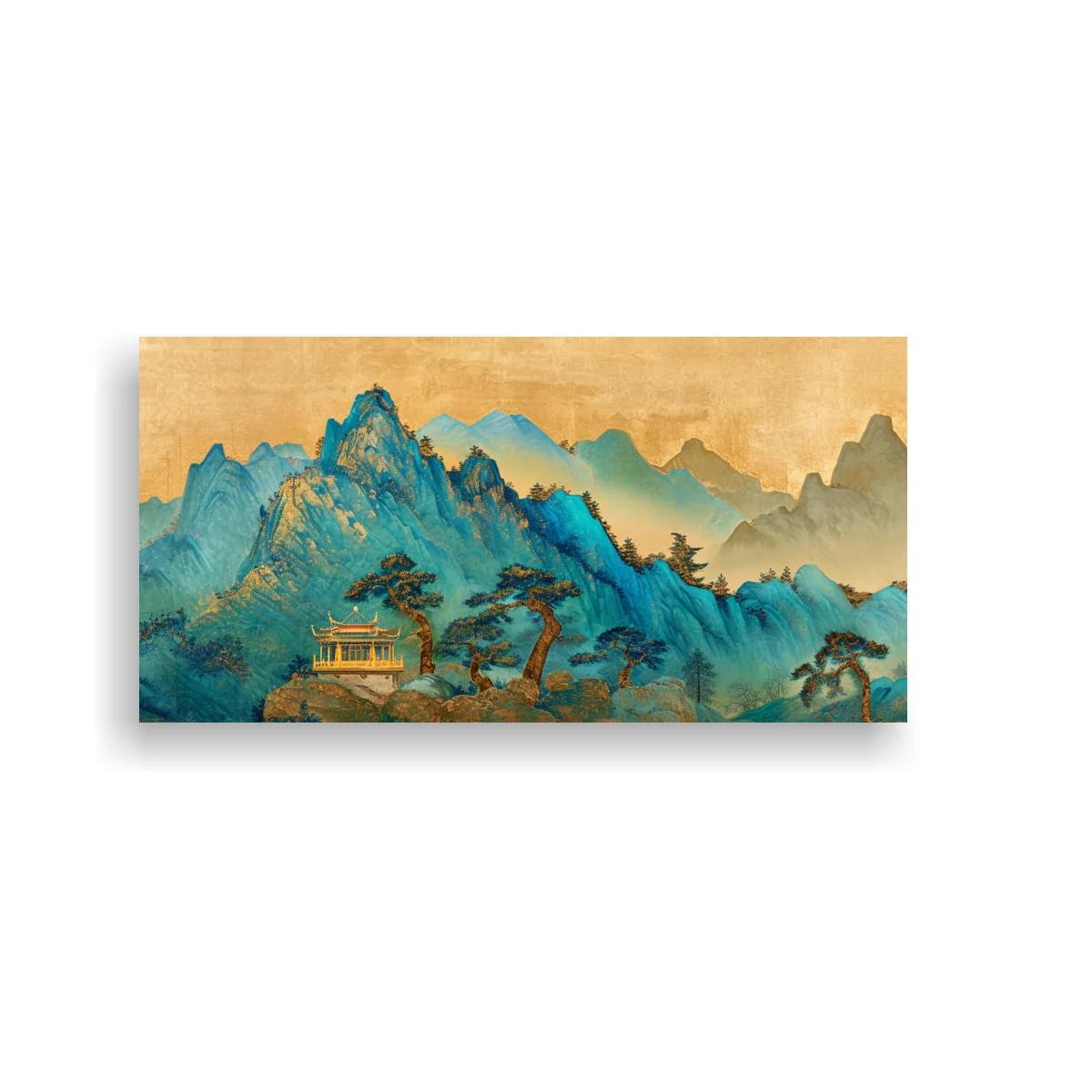 Cuadro cordillera de montañas con templo tradicional chino